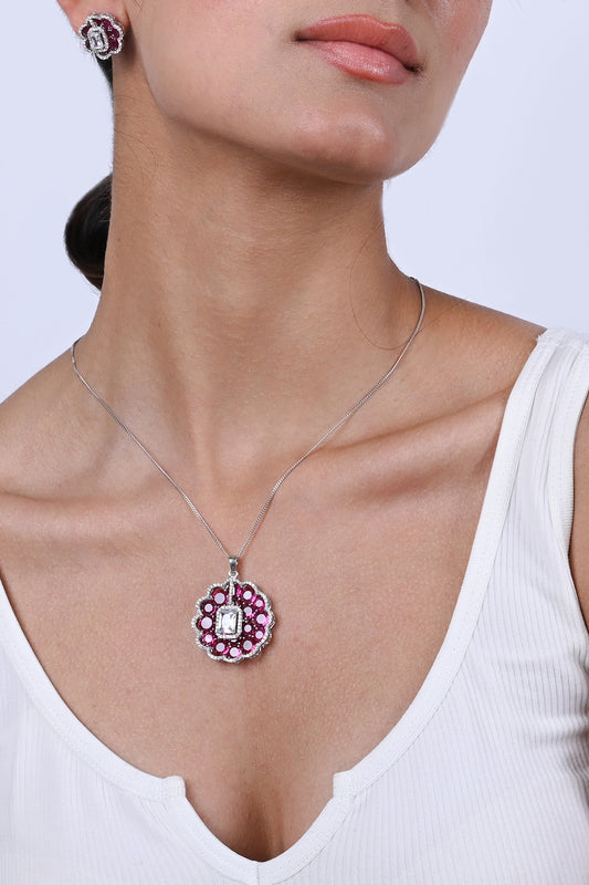 Purple Zircon & Stone Necklace Set In Sterling Silver