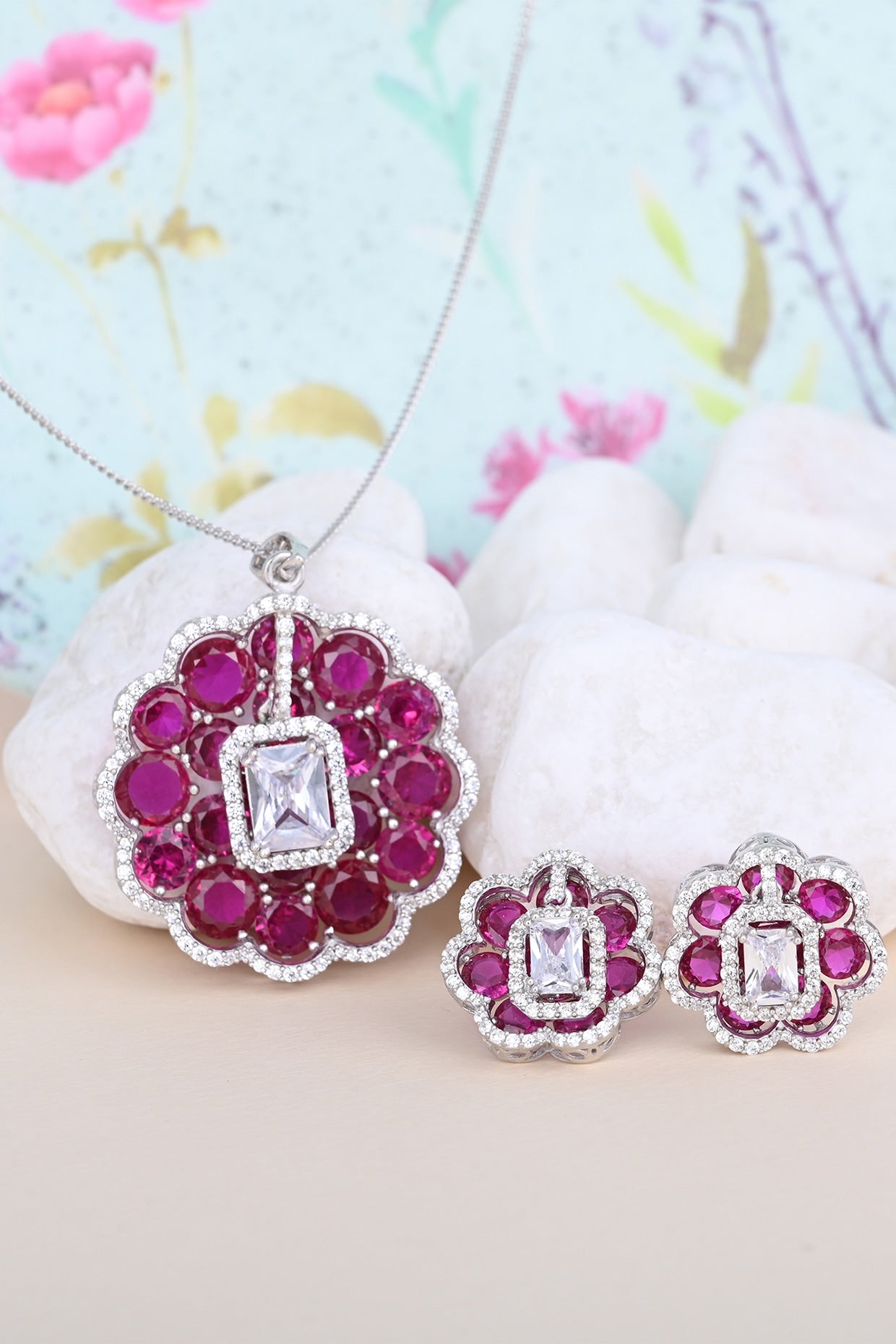 Purple Zircon & Stone Necklace Set In Sterling Silver