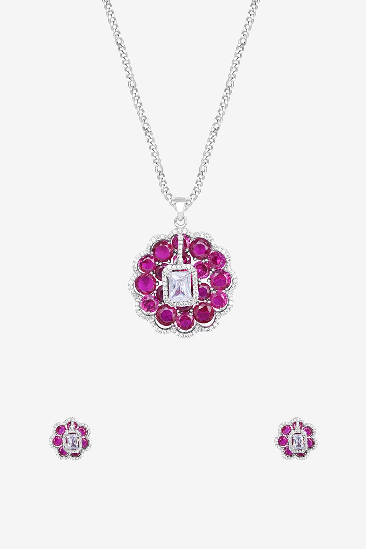 Purple Zircon & Stone Necklace Set In Sterling Silver