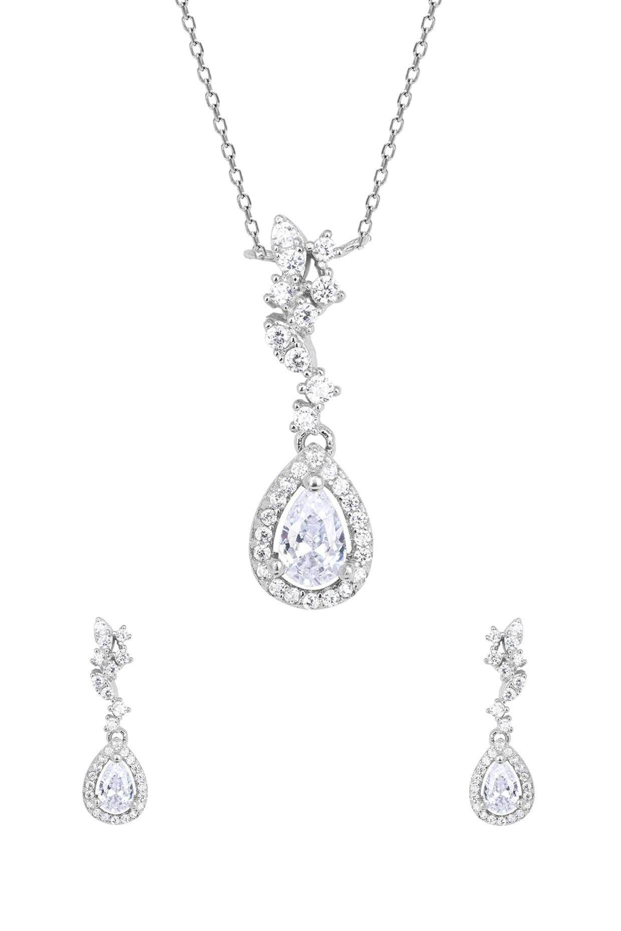 White Zircon & Petal Motif Pendant Necklace Set In Sterling Silver