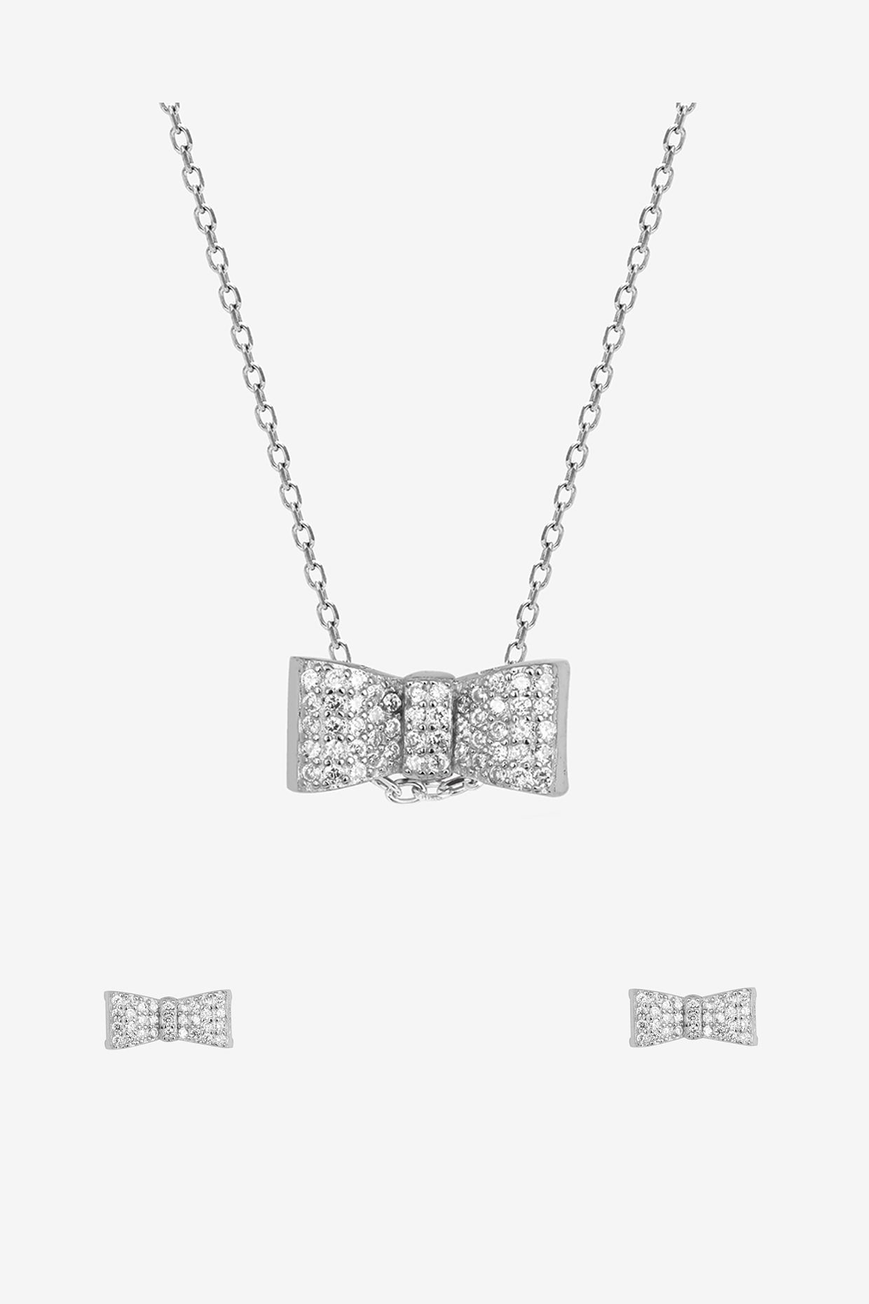 Silver Zircon Bow Pendant Necklace Set In Sterling Silver