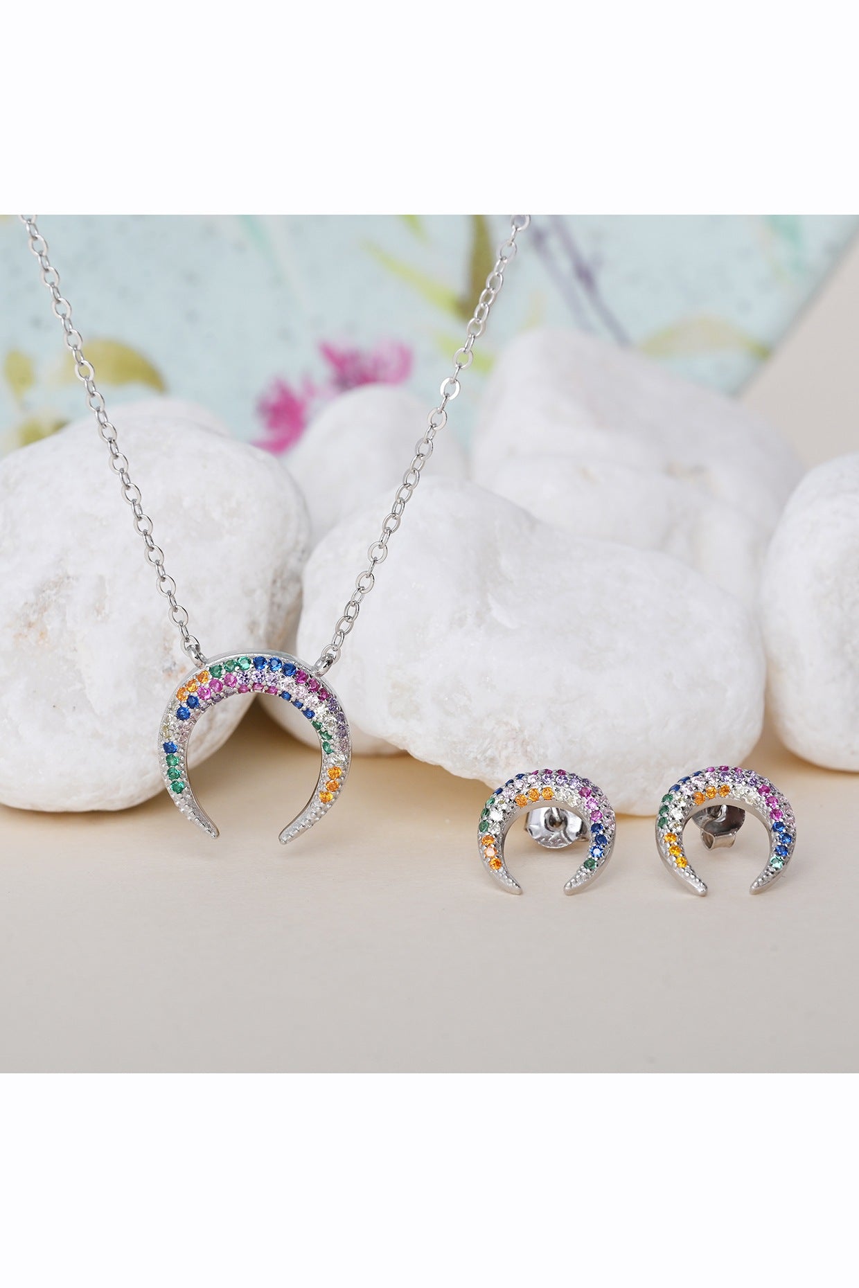 Multi-Colored Zircon Celestial Harmony Pendant Necklace Set In Sterling Silver