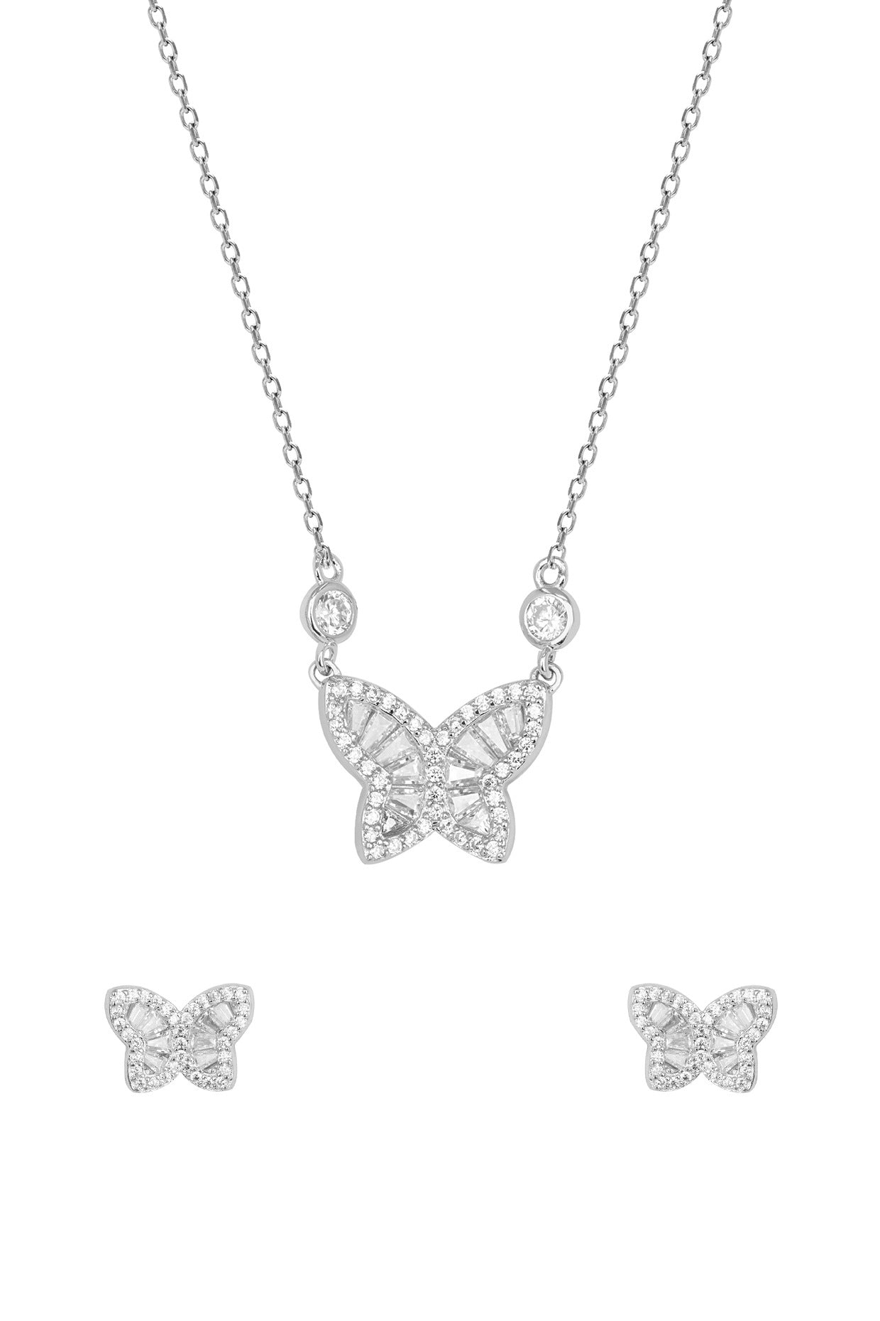 White Zircon Wing Pendant Necklace Set In Sterling Silver