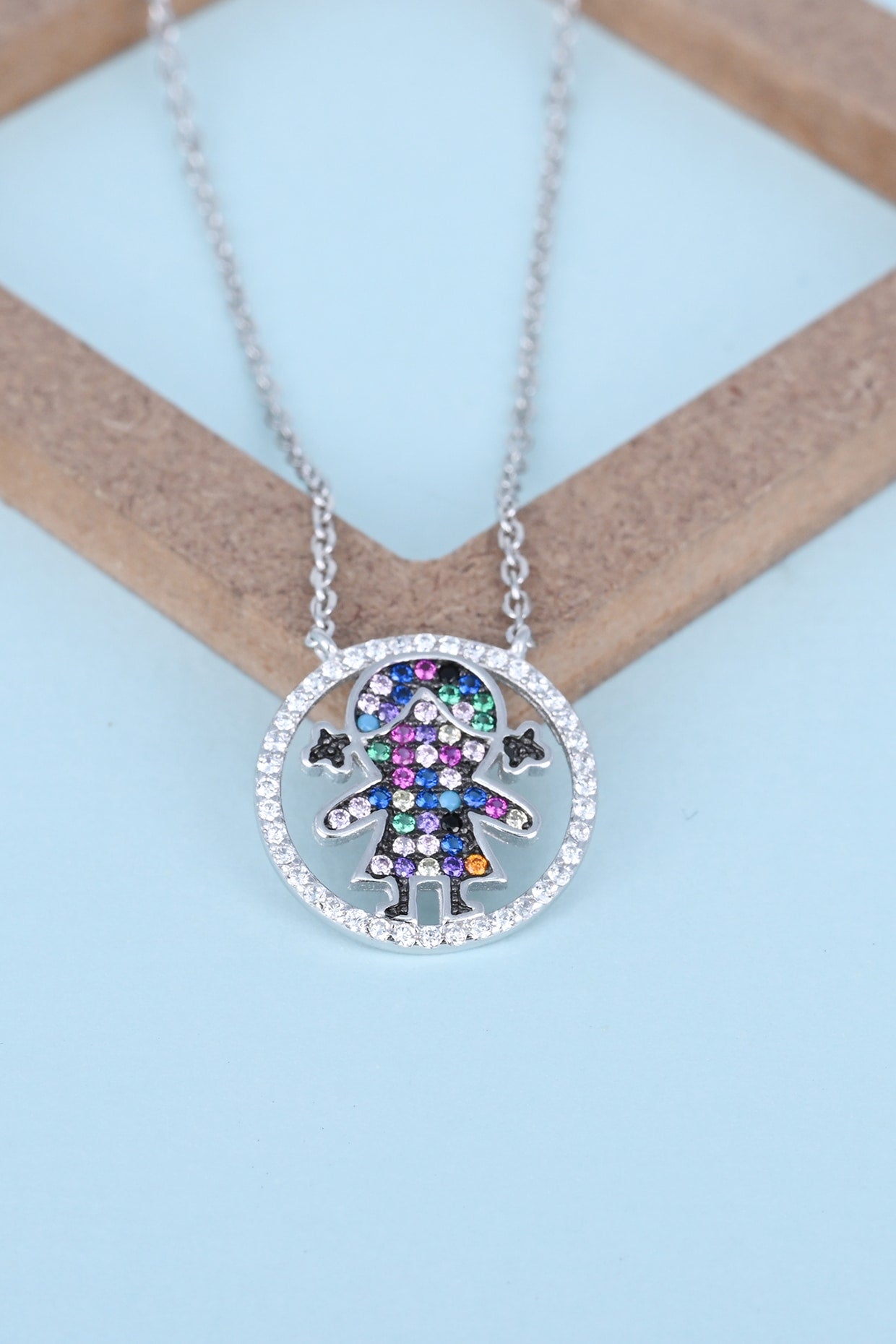 Multi-Colored Zircon Joyful Girl Stone Necklace In Sterling Silver