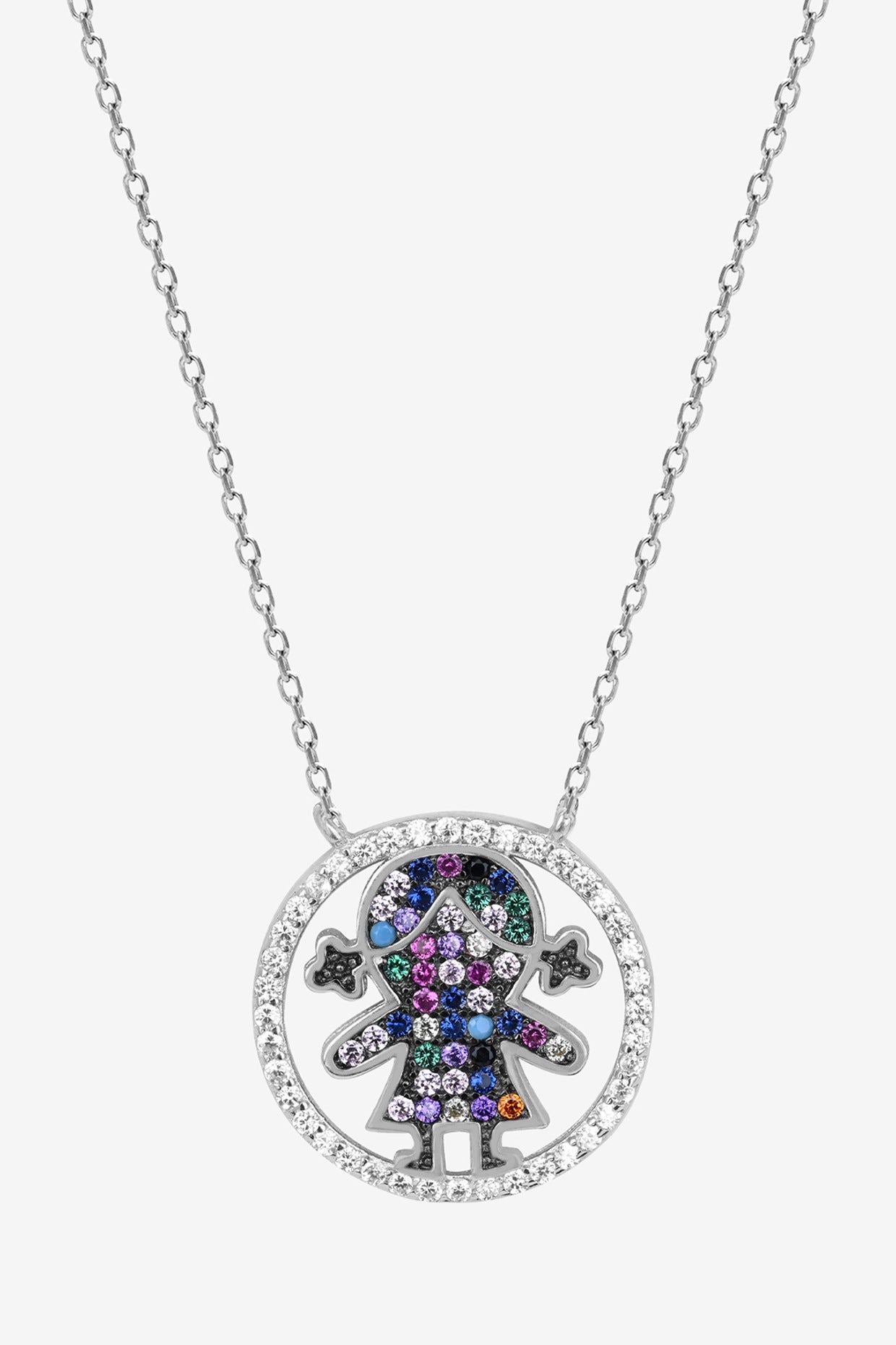 Multi-Colored Zircon Joyful Girl Stone Necklace In Sterling Silver