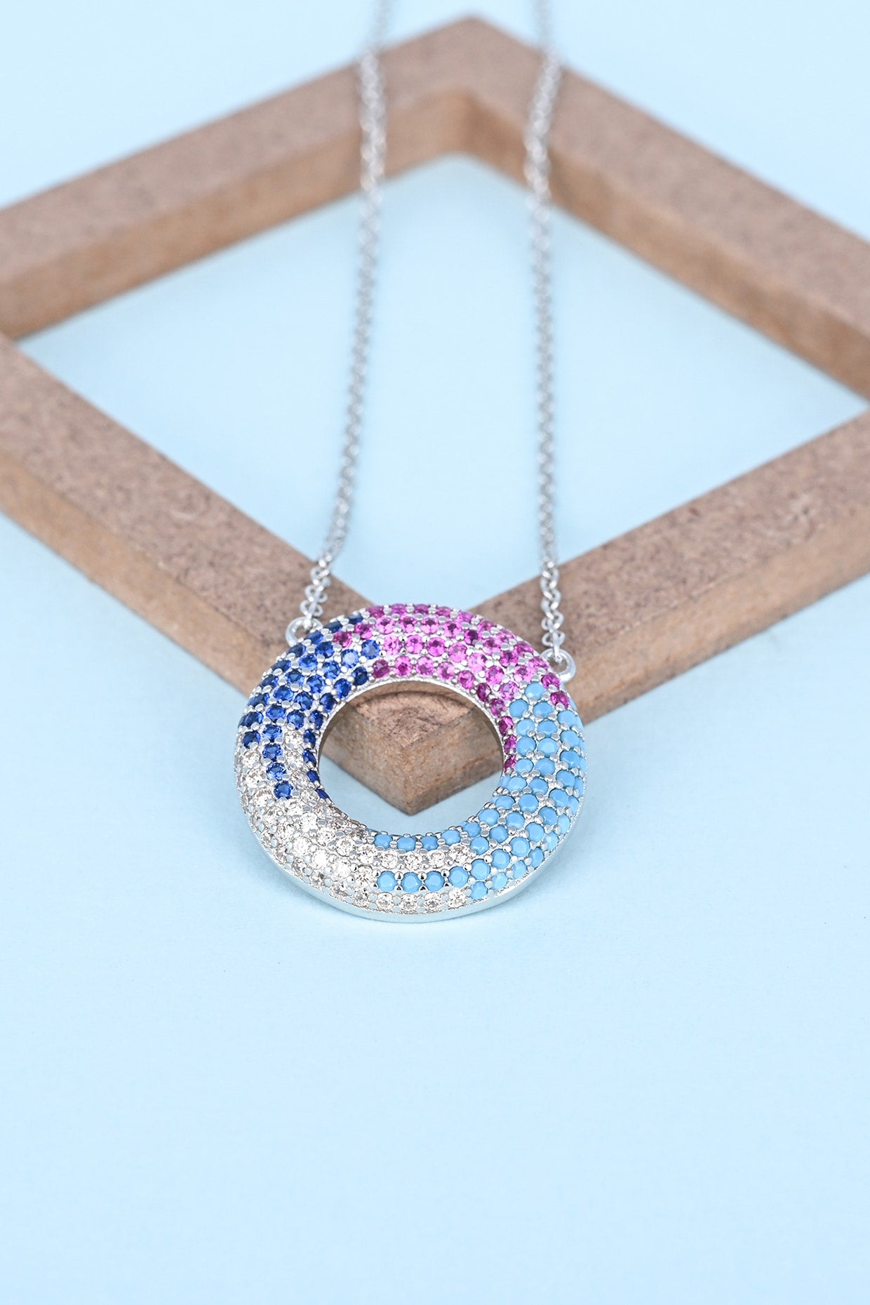 Multi-Colored Zircon Circular Necklace In Sterling Silver