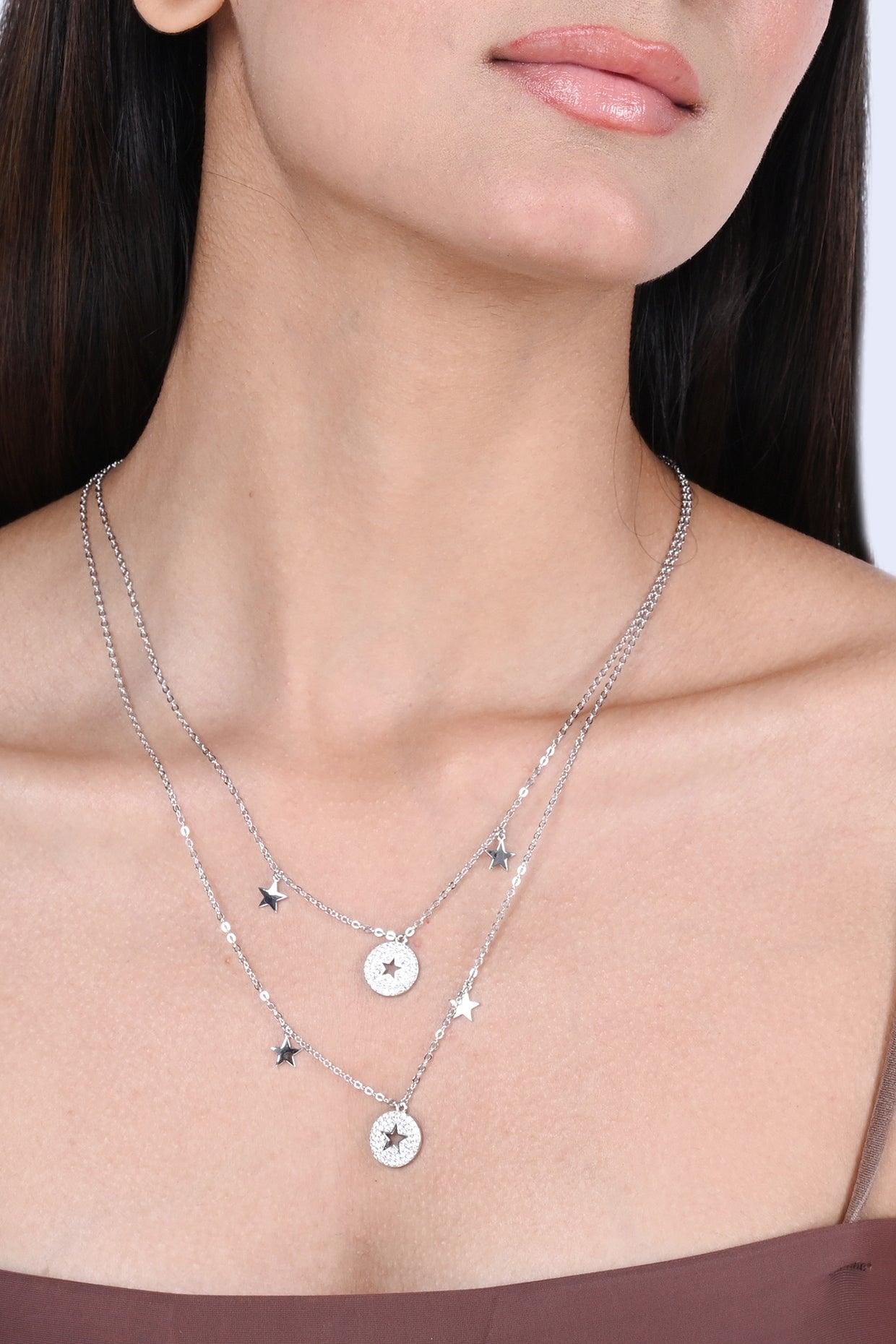 White Zircon Layered Chain Necklace In Sterling Silver