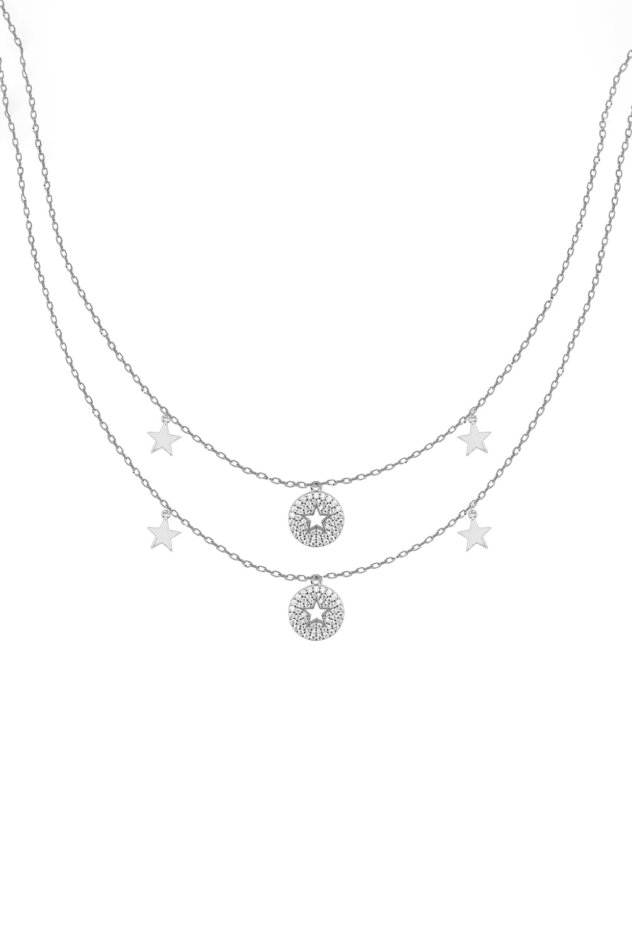 White Zircon Layered Chain Necklace In Sterling Silver