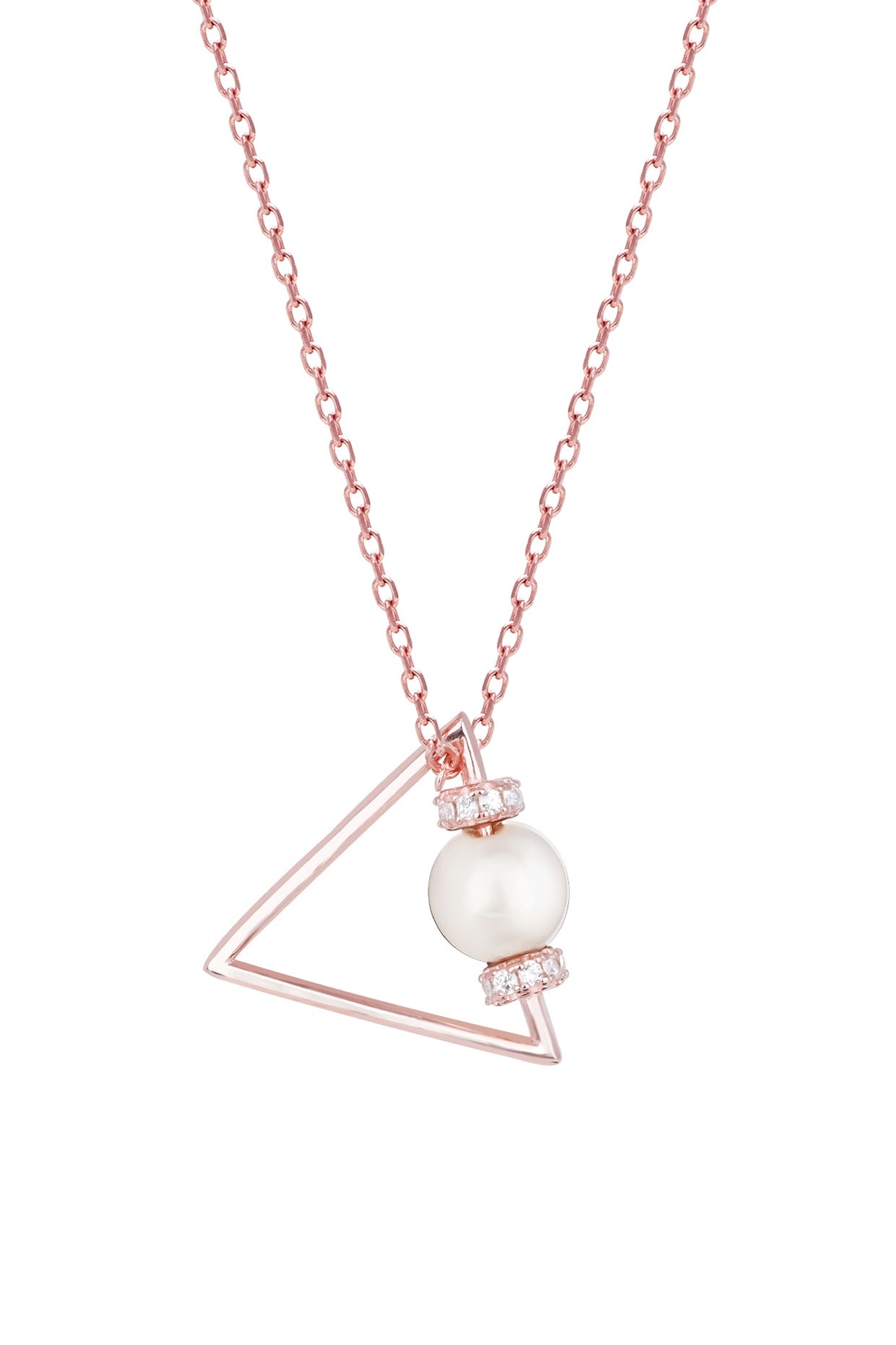 White Zircon & Pearl Triangle Necklace In Sterling Silver