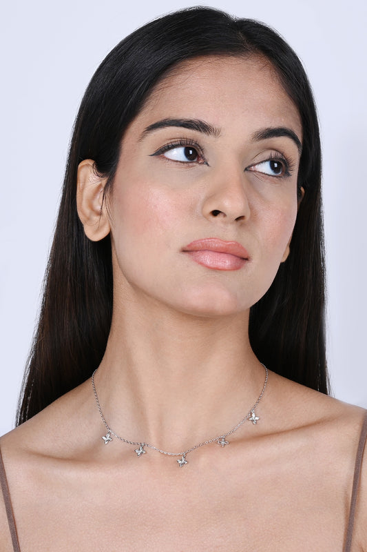 White Zircon Floral Lace Necklace In Sterling Silver