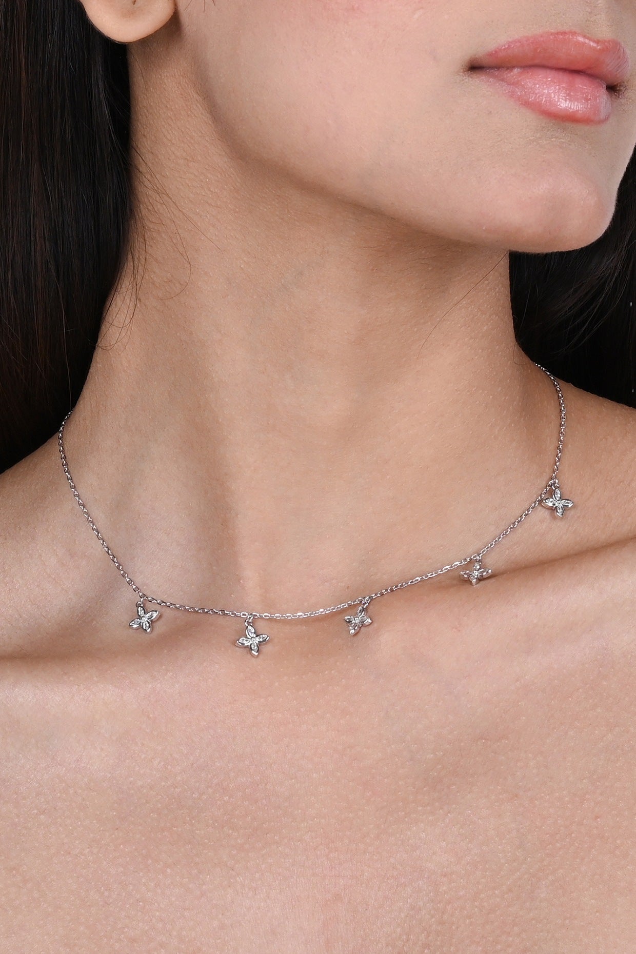 White Zircon Floral Lace Necklace In Sterling Silver