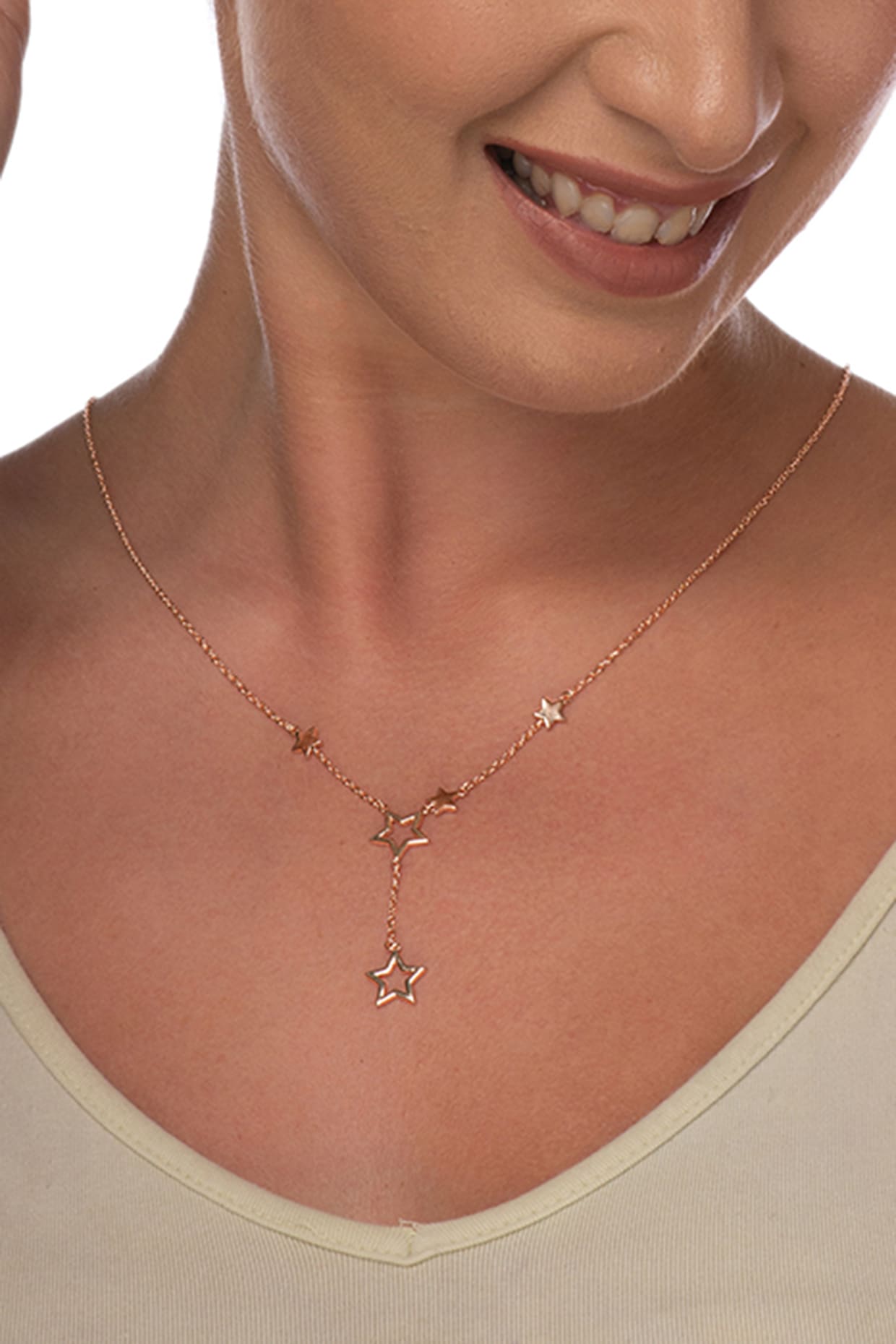 Rose Gold Zircon Star Charm Necklace In Sterling Silver