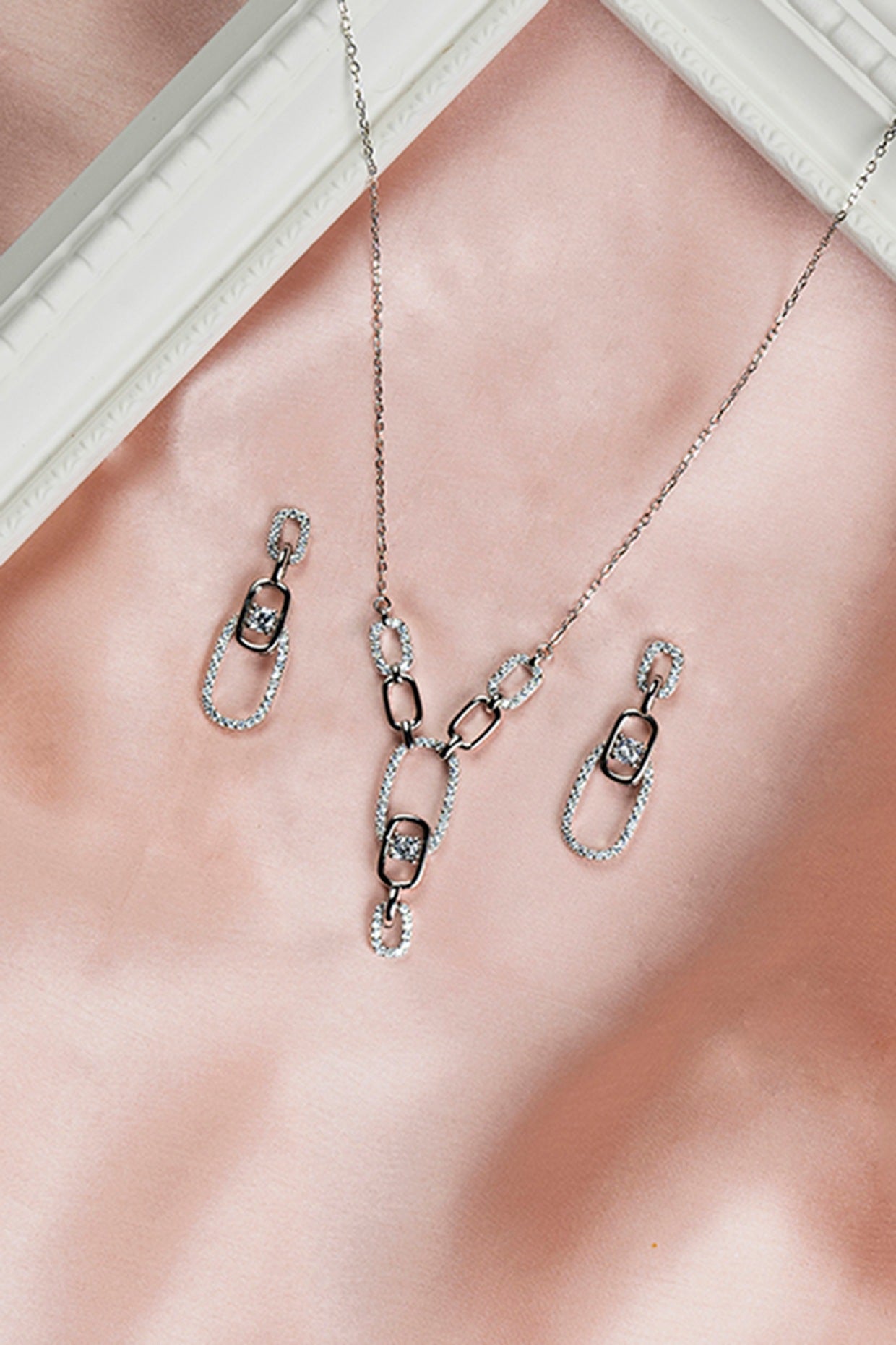 White Zircon Duet Elegance Necklace Set In Sterling Silver