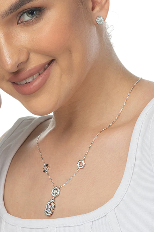 White Zircon Radiant Geometric Necklace Set In Sterling Silver