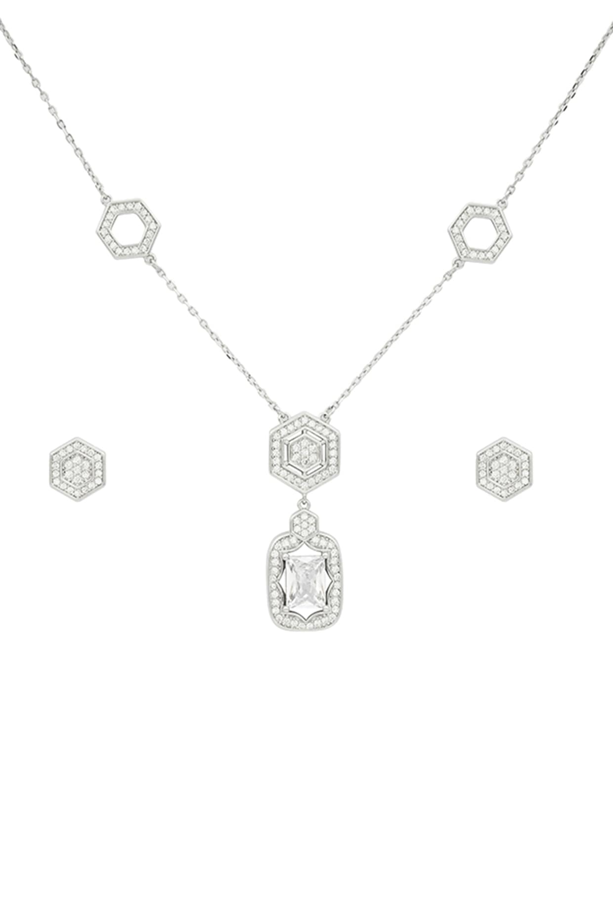 White Zircon Radiant Geometric Necklace Set In Sterling Silver