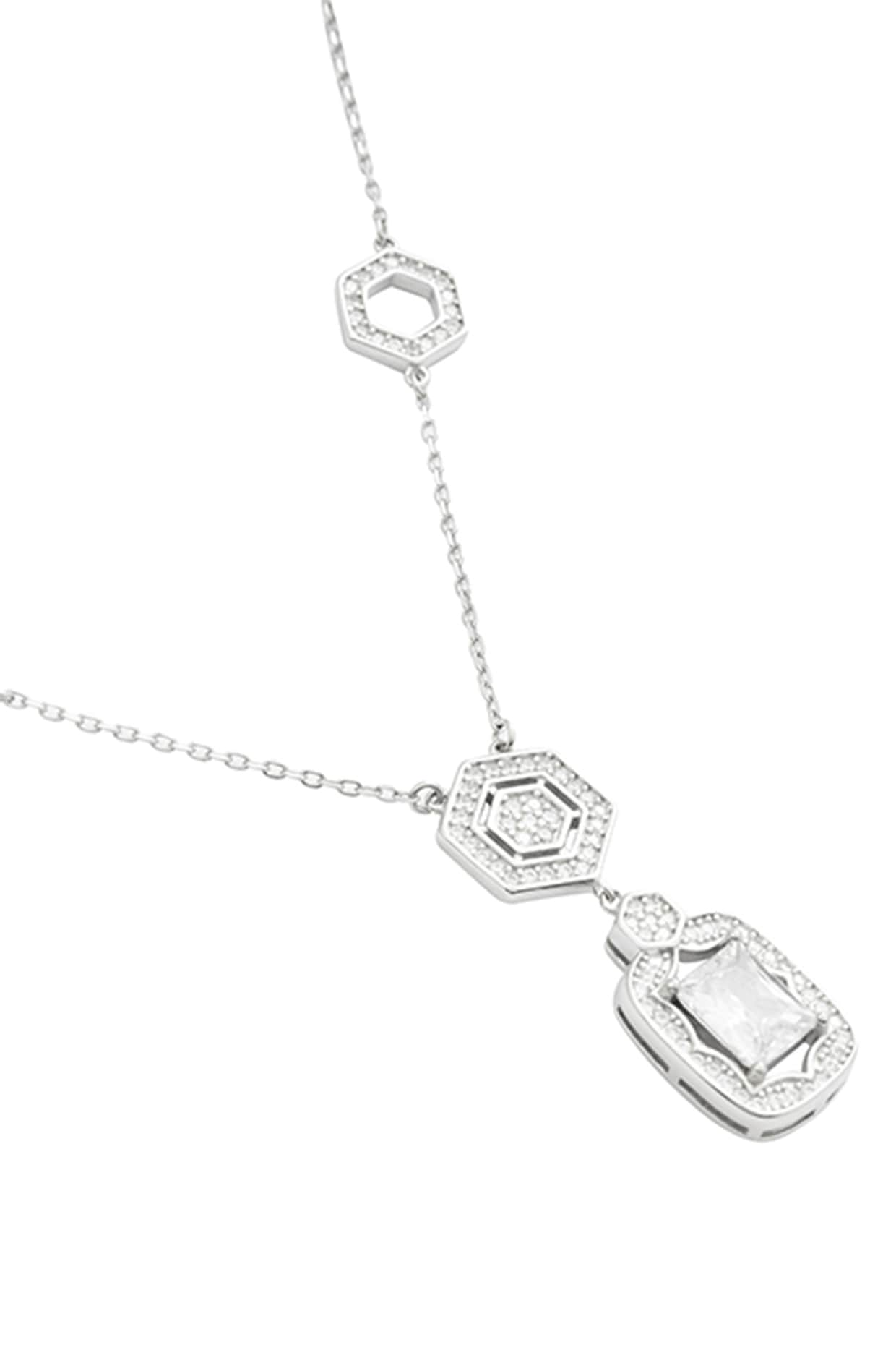 White Zircon Radiant Geometric Necklace Set In Sterling Silver