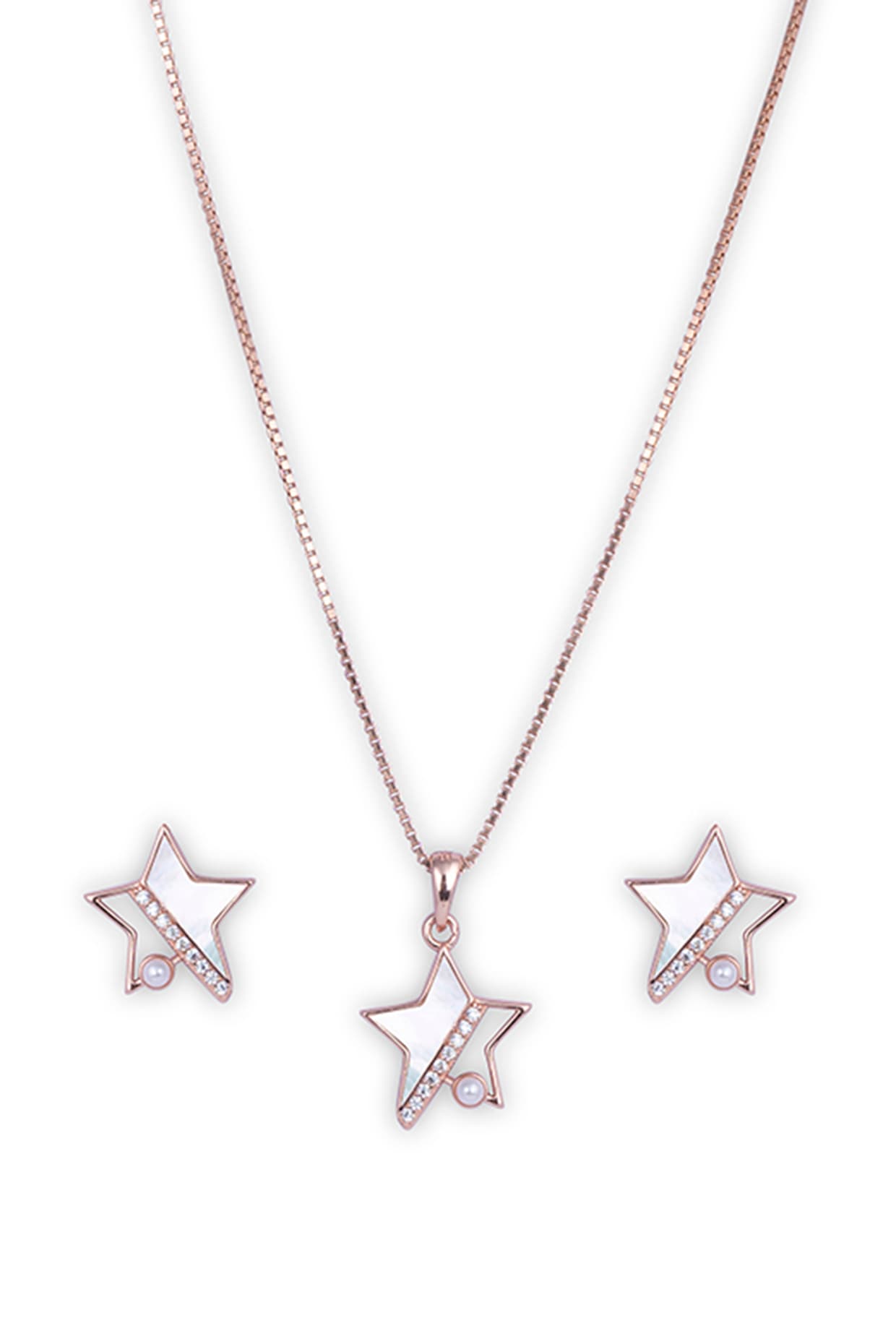 Rose Gold Zircon Radiant Stella Sparkle Pendant Necklace Set In Sterling Silver