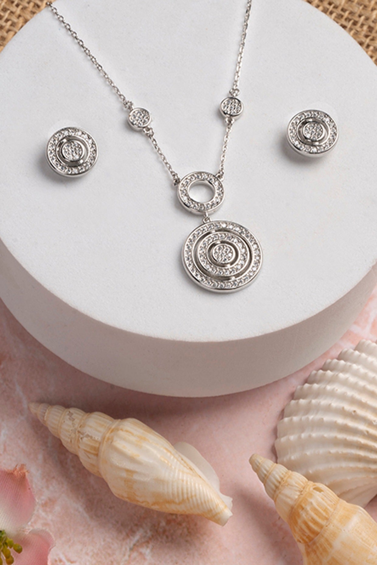 CZ Radiant Circle Necklace Set In Sterling Silver