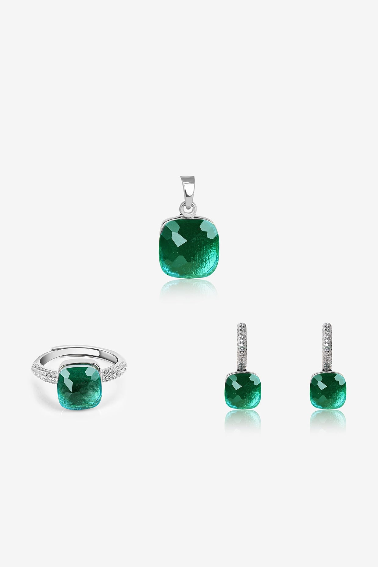 Green Stone & Zircon Pendant Set In Sterling Silver