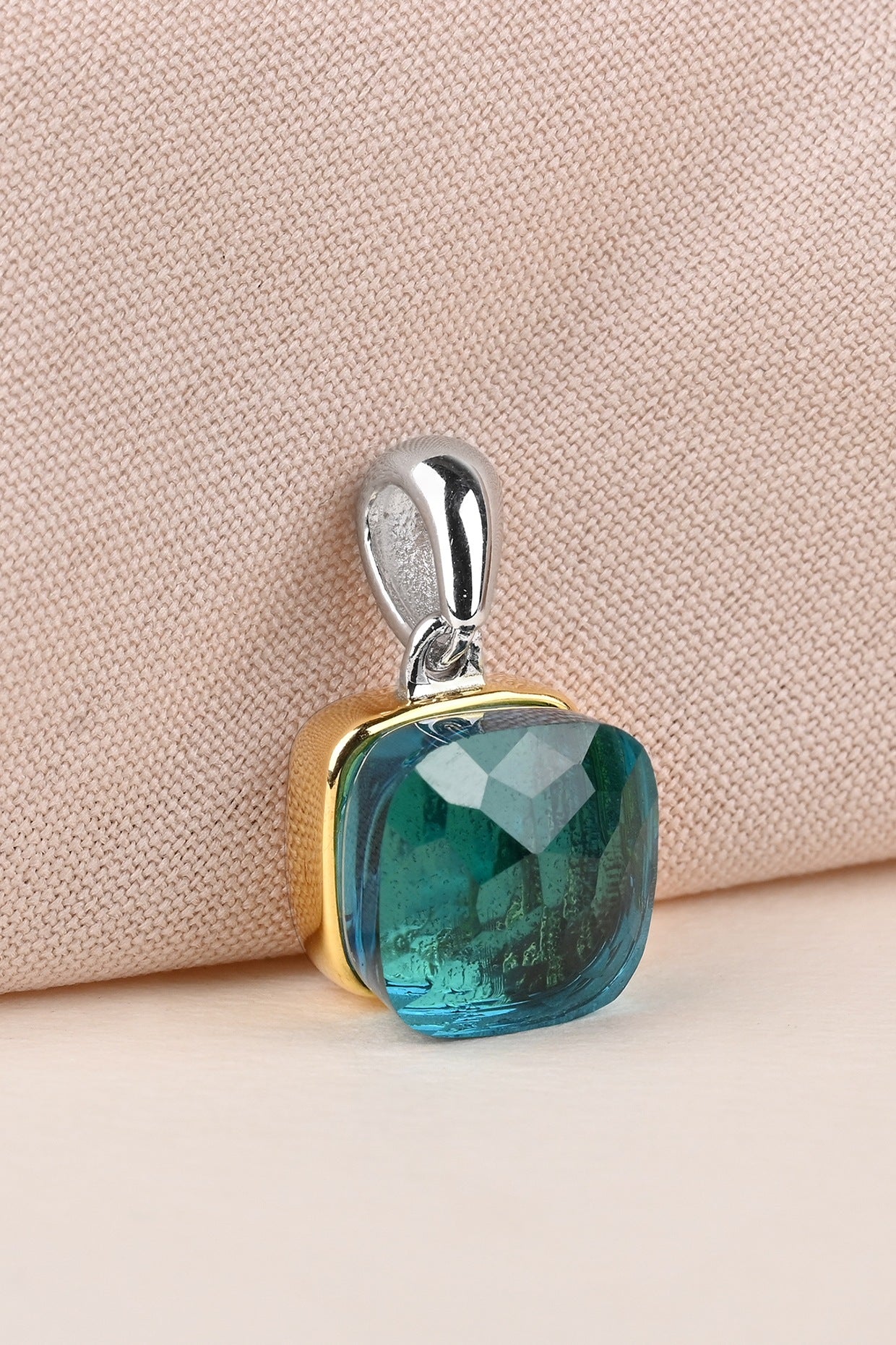 Gold Finish Green Stone & Zircon Pendant Set In Sterling Silver