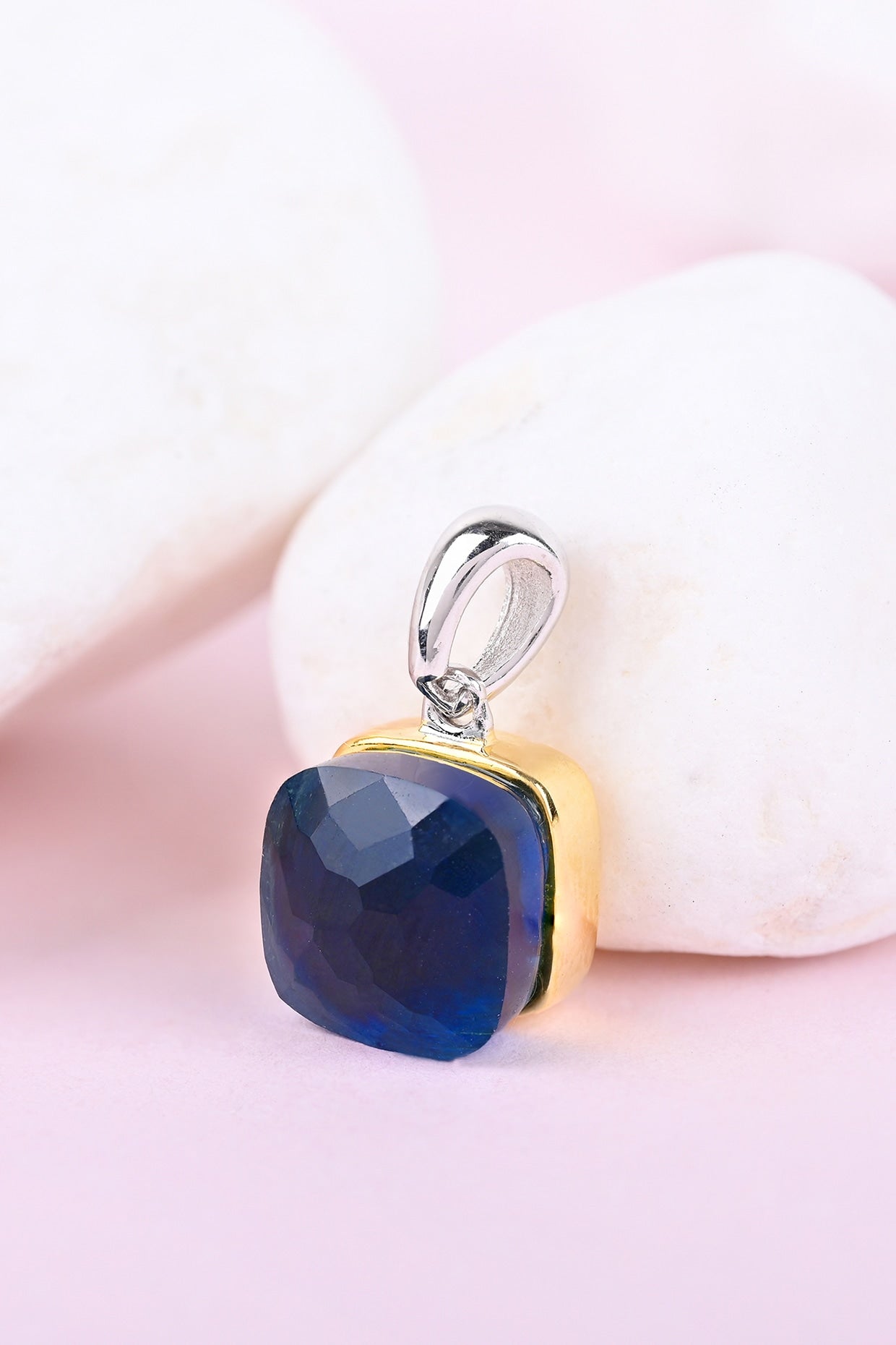 Gold Finish Midnight Blue Stone & Zircon Pendant Set In Sterling Silver