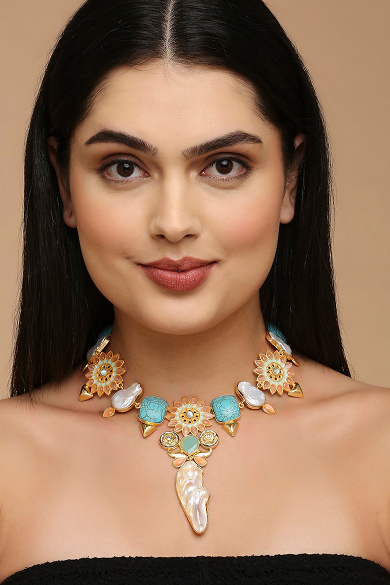 Gold Finish Kundan & Turquoise Stone Meenakari Necklace