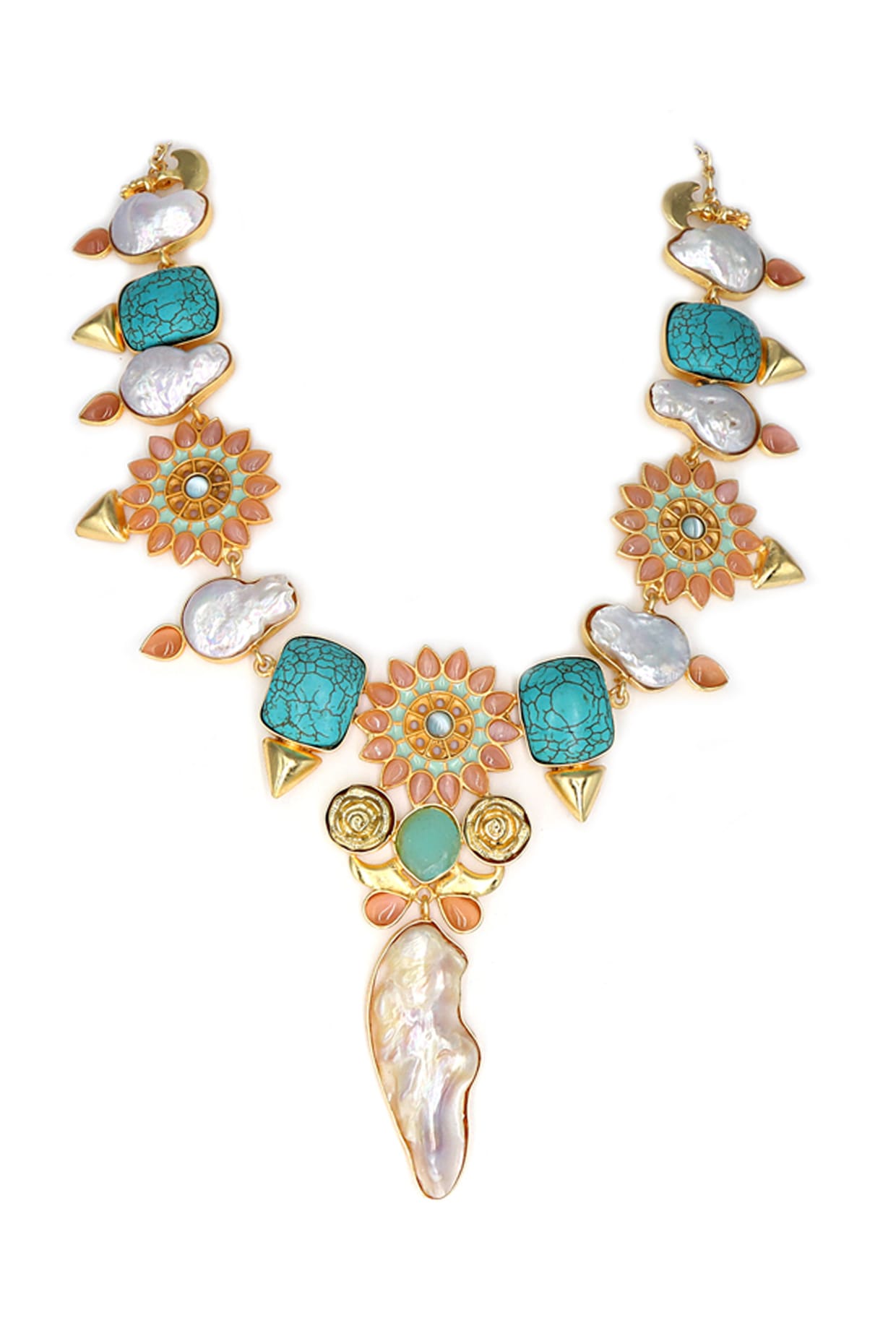 Gold Finish Kundan & Turquoise Stone Meenakari Necklace