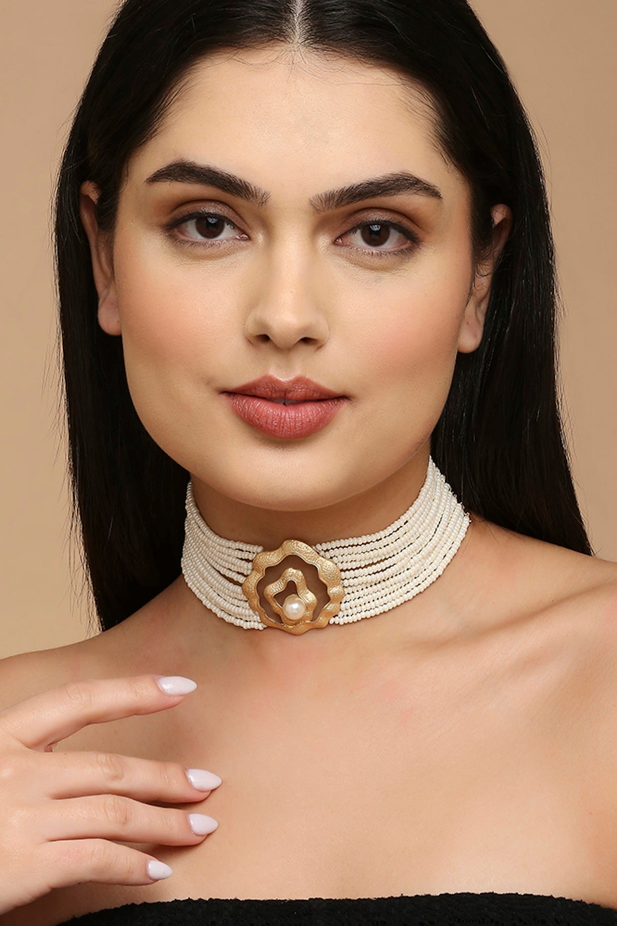 Gold Finish Faux Pearl Choker Necklace