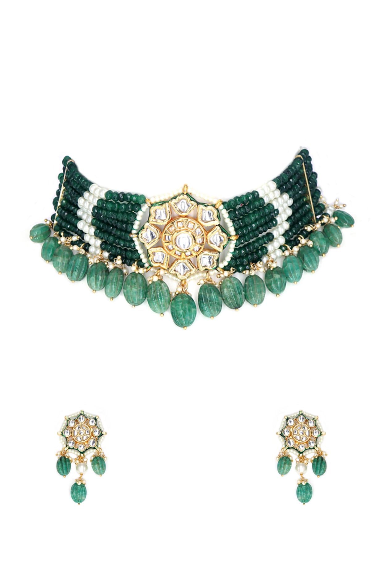 Gold Finish Green Kundan Polki Choker Necklace Set