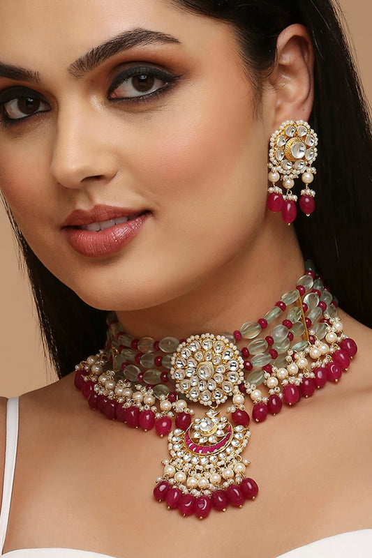 Gold Finish Red Quartz & Kundan Polki Choker Necklace Set