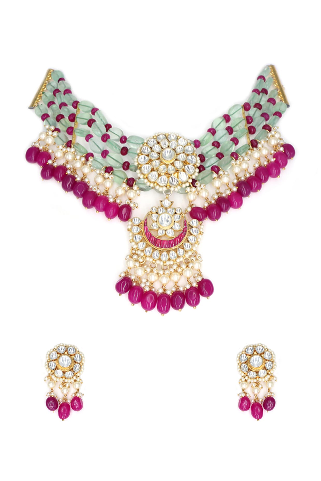 Gold Finish Red Quartz & Kundan Polki Choker Necklace Set