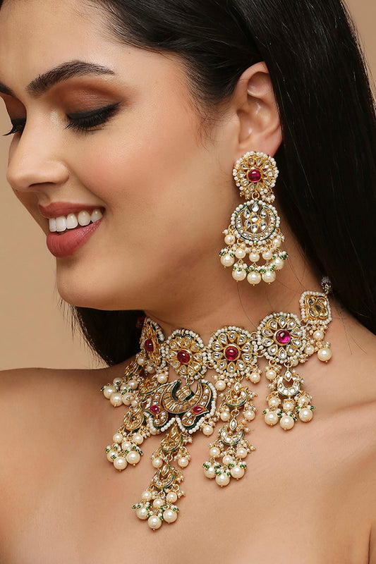 Gold Finish Red Synthetic Stone & Kundan Polki Necklace Set