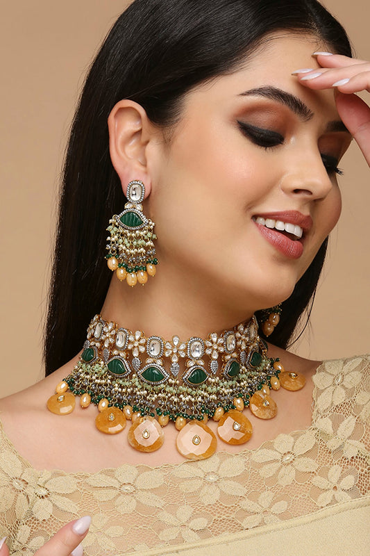 Gold Finish Green Agate & Imitation Kundan Polki Necklace Set