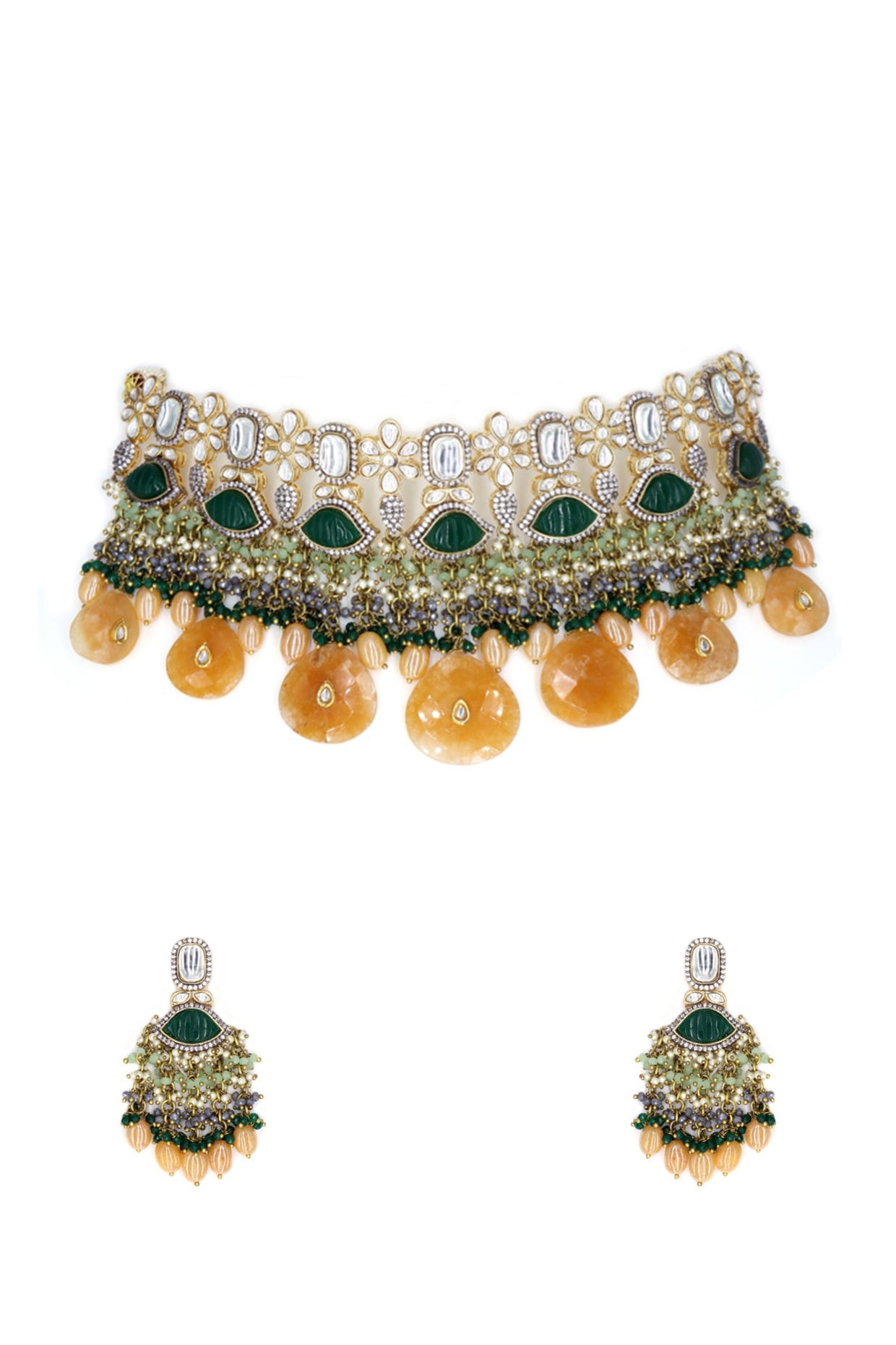 Gold Finish Green Agate & Imitation Kundan Polki Necklace Set