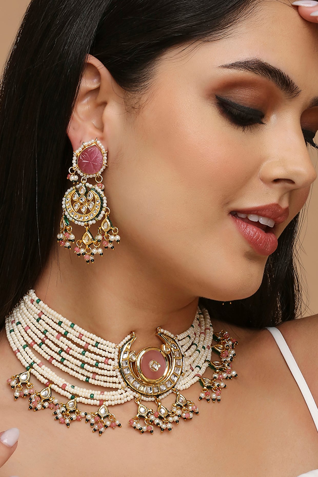 Gold Finish White Imitation Kundan Polki & Faux Pearl Choker Necklace Set