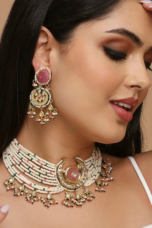 Gold Finish White Imitation Kundan Polki & Faux Pearl Choker Necklace Set