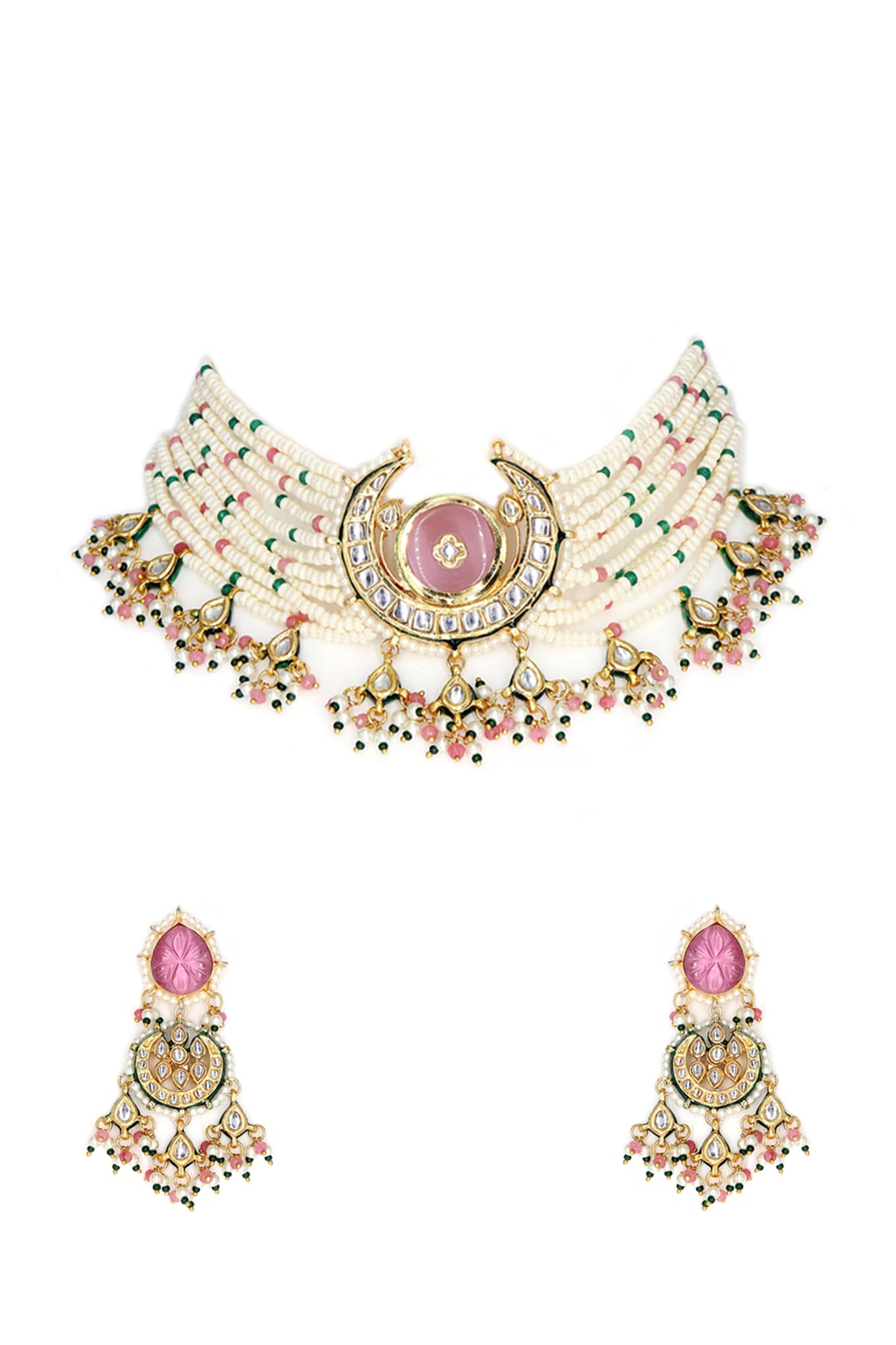 Gold Finish White Imitation Kundan Polki & Faux Pearl Choker Necklace Set