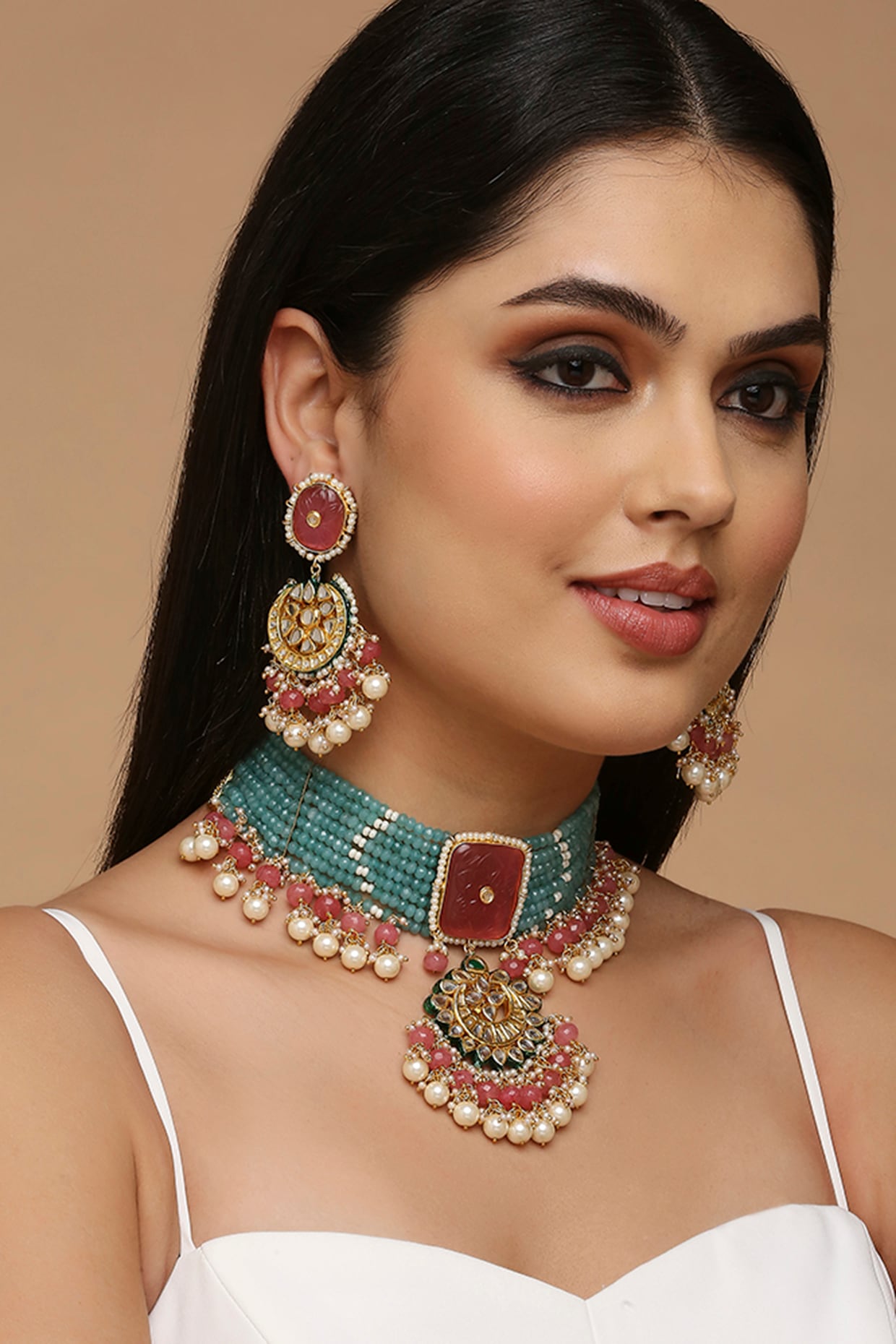 Gold Finish Aqua Quartz & Imitation Kundan Polki Choker Necklace Set