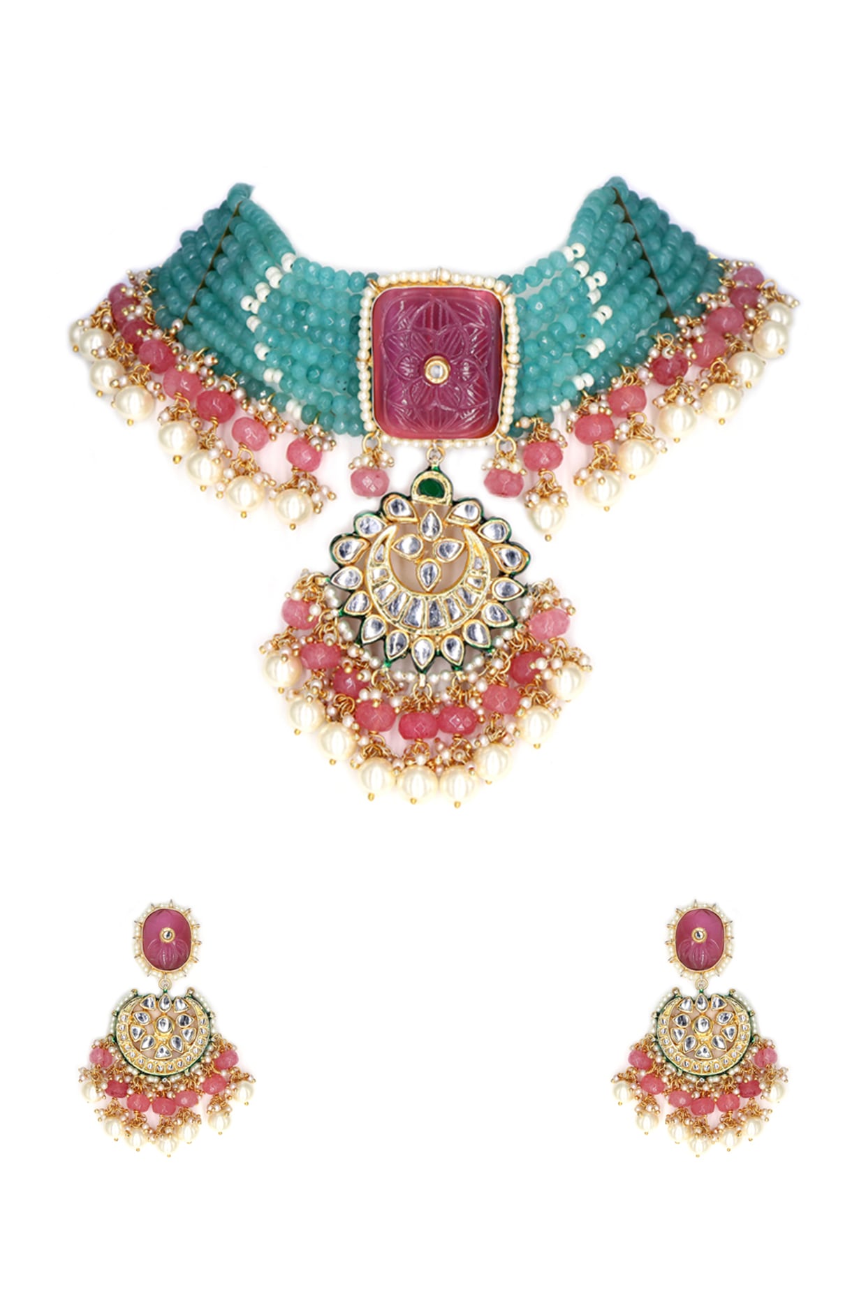 Gold Finish Aqua Quartz & Imitation Kundan Polki Choker Necklace Set