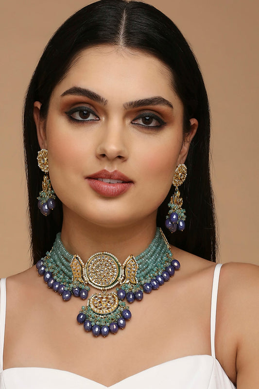 Two Tone Finish Aqua Imitation Kundan Polki Choker Necklace Set