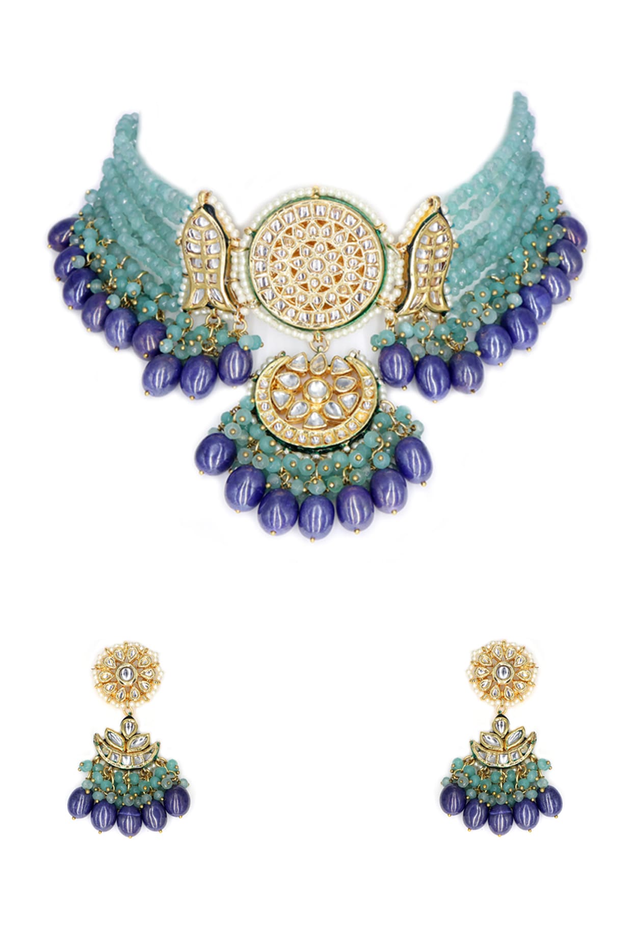 Two Tone Finish Aqua Imitation Kundan Polki Choker Necklace Set