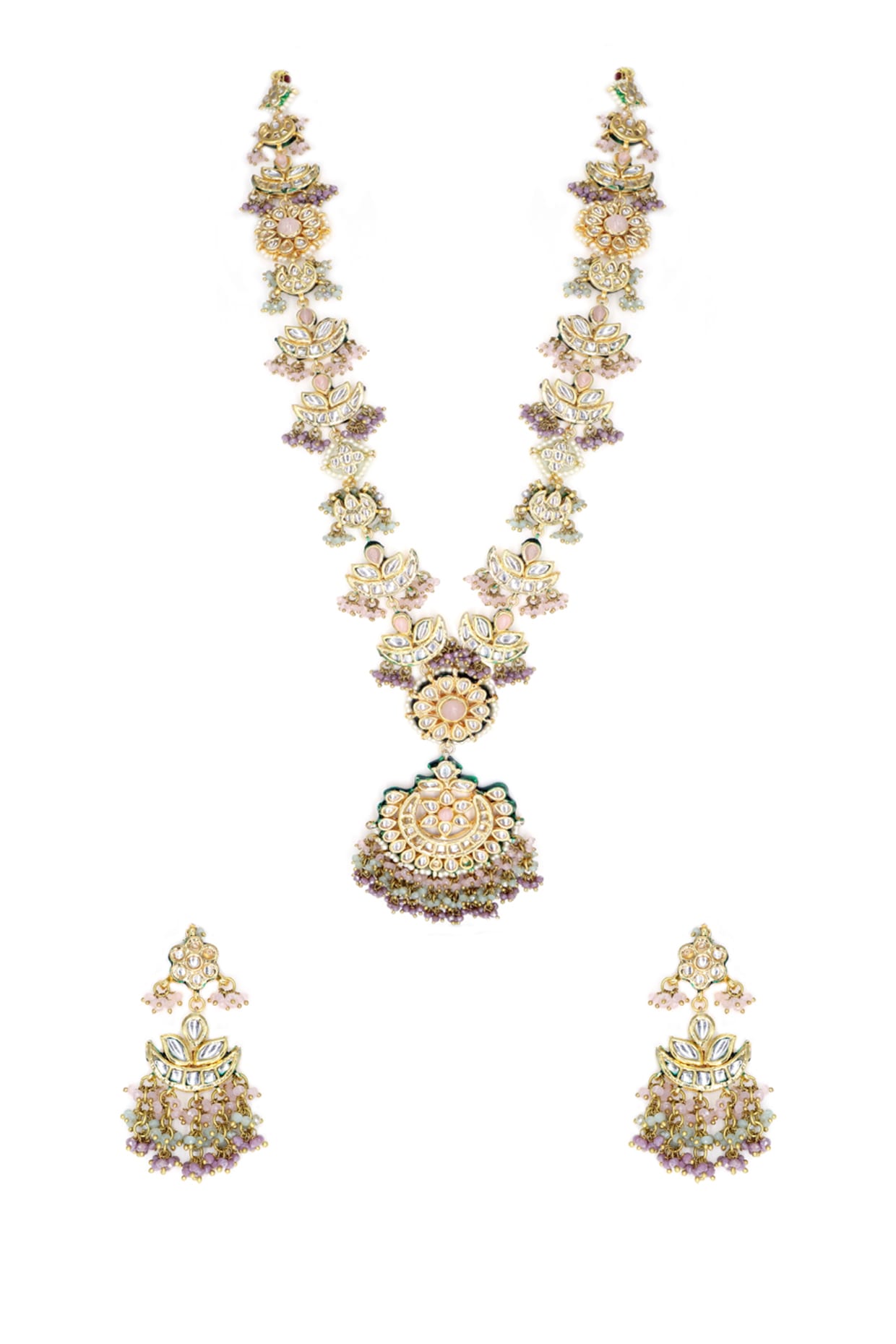 Gold Finish White Kundan Polki & Faux Pearl Meenakari Necklace Set