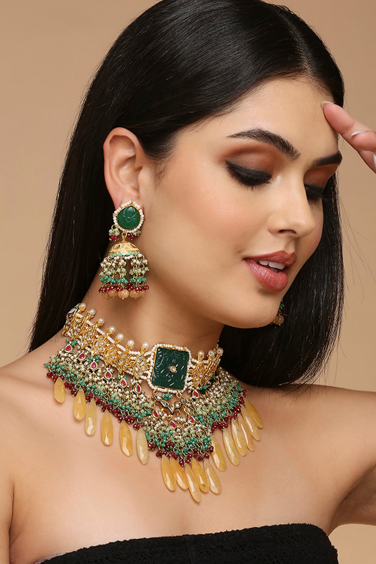 Gold Finish Green Quartz & Kundan Polki Necklace Set