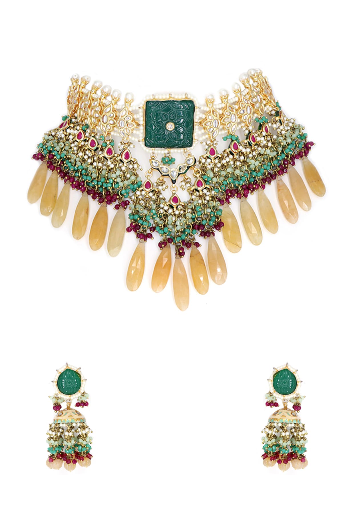 Gold Finish Green Quartz & Kundan Polki Necklace Set