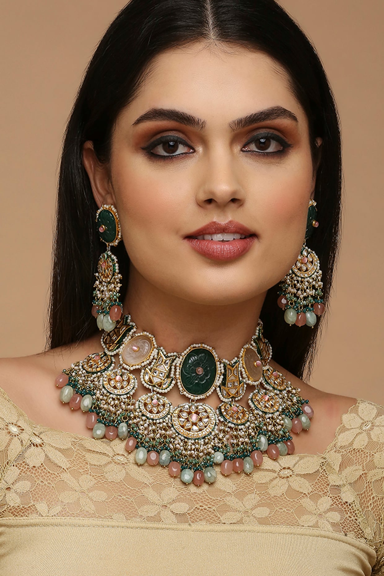 Gold Finish Green Kundan Polki Choker Necklace Set