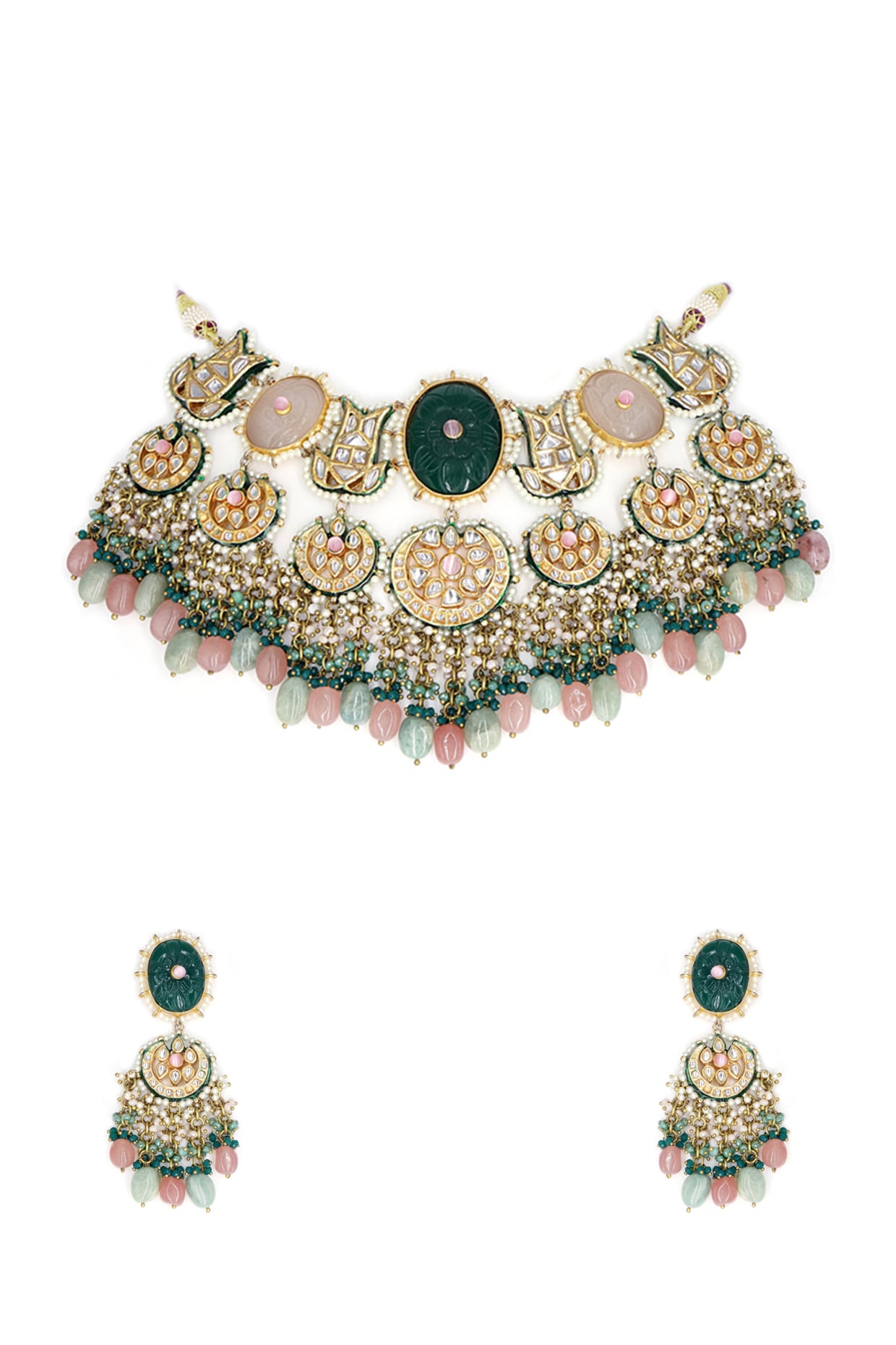 Gold Finish Green Kundan Polki Choker Necklace Set