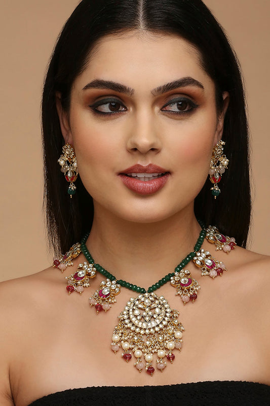 Gold Finish White Kundan Polki Necklace Set