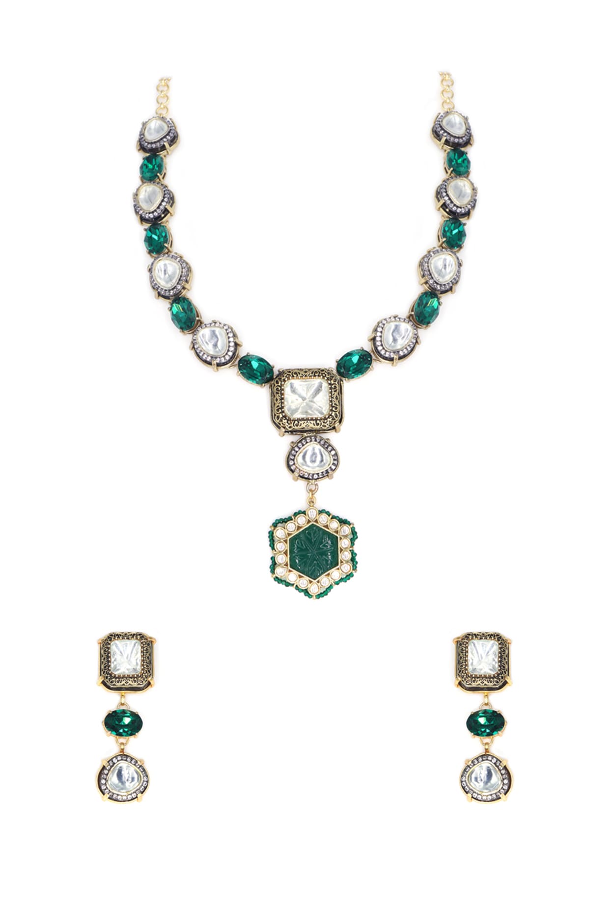 Two Tone Finish Green Kundan Polki Necklace Set