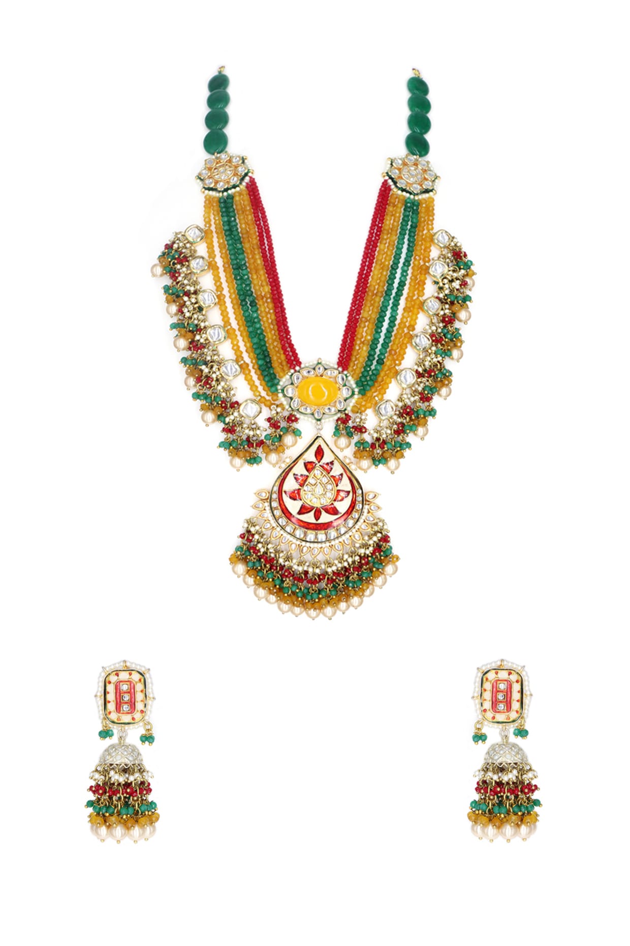 Gold Finish Multi-Colored Kundan Polki Necklace Set