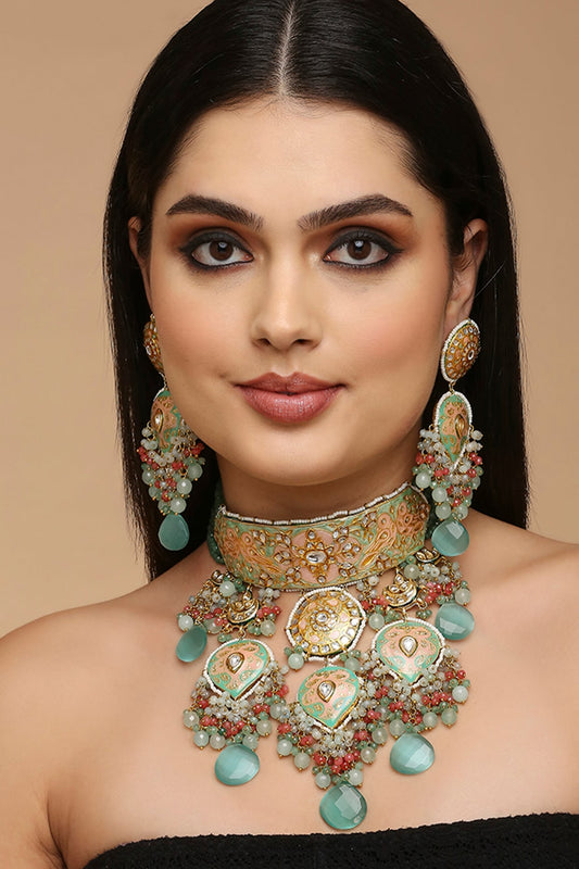 Gold Finish Aqua Kundan Polki & Semi-Precious Stone Choker Necklace Set